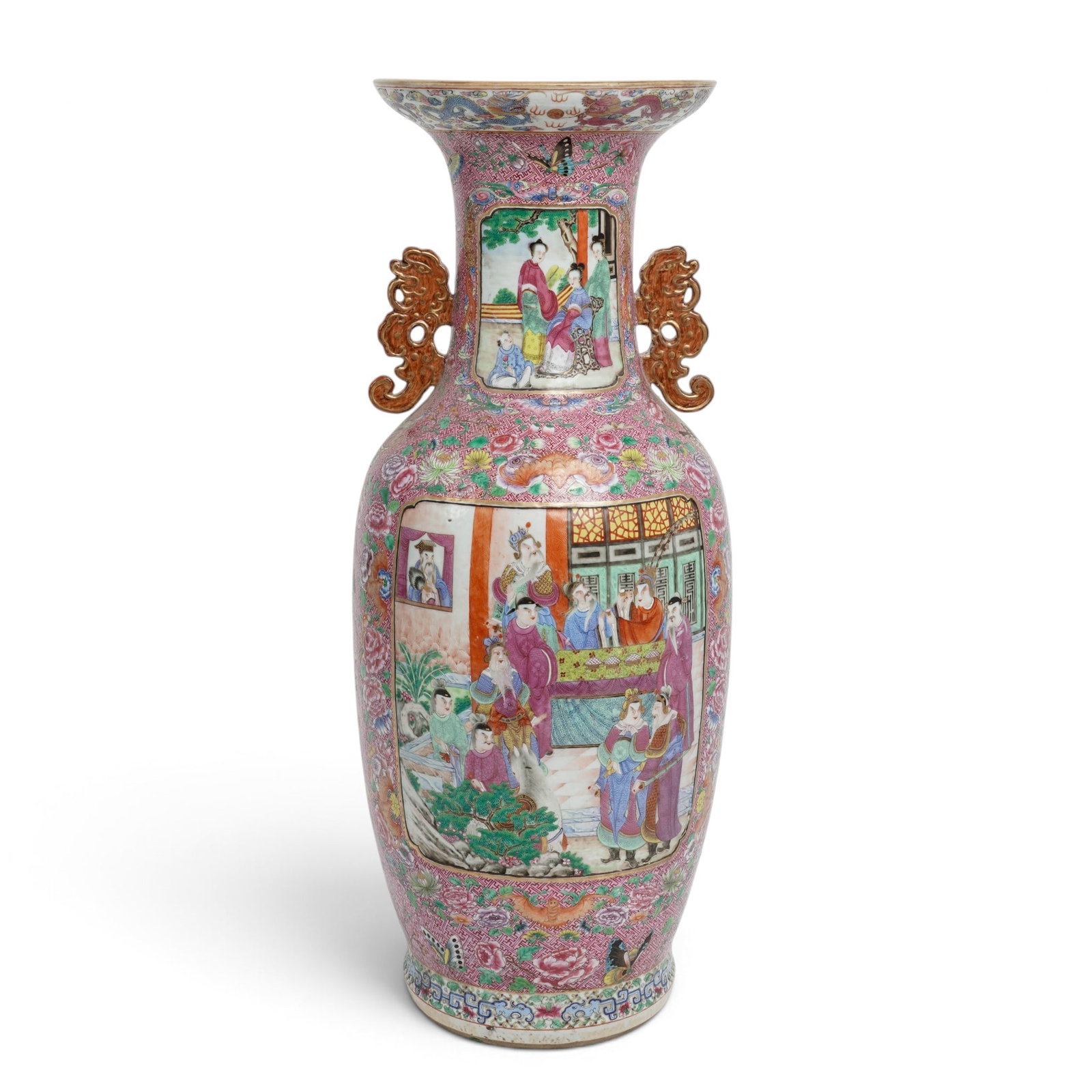 Large Fantastic Famille Rose Mandarin Vase; Stylized Dragon Handles (1 of 20)