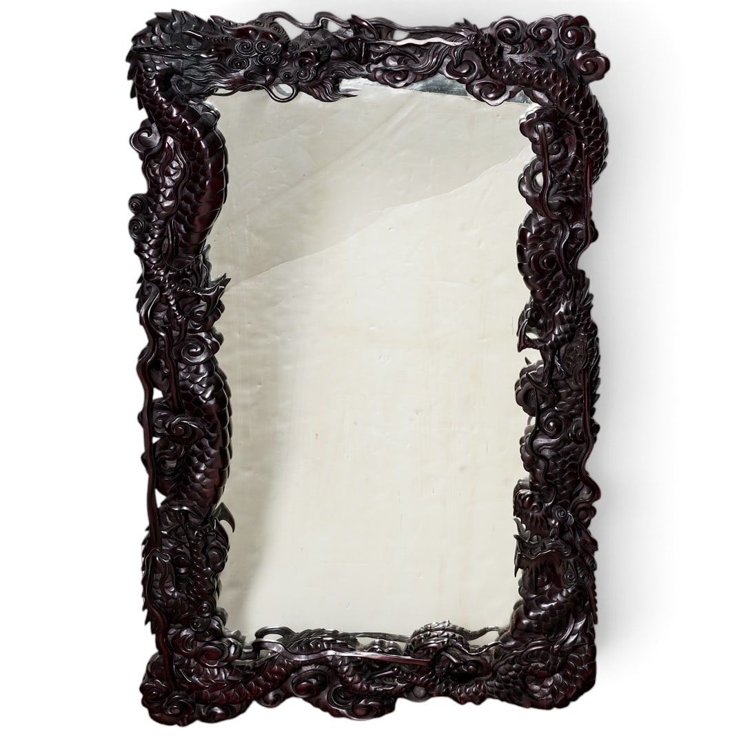 Japanese Meiji Large Carved Wood Dragon Mirror: Japanese Meiji Large Carved Wood Dragon Mirror Meiji (late 19th century) period, Japanese Japanese Meiji period large carved wood mirror with intricate, deep carvings of dragons and cloud motifs, a