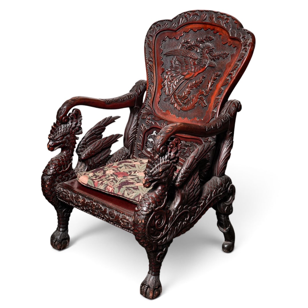 Japanese Meiji Carved Phoenix Armchair: Japanese Meiji Carved Phoenix Armchair Meiji (late 19th century) period, Japanese A Japanese Meiji period carved hardwood armchair. Features highly detailed, high relief carvings of phoenixes,