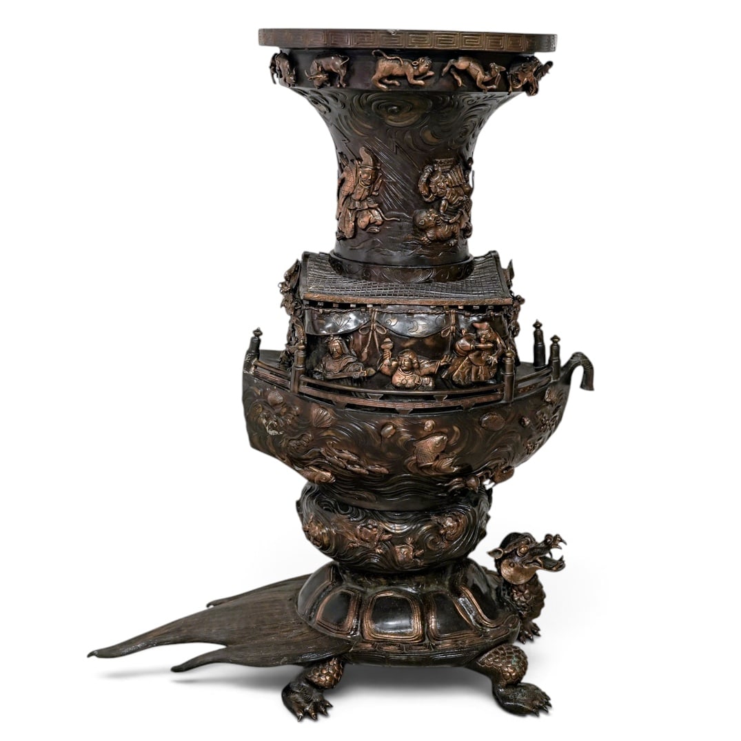 Japanese Exhibition Meiji Bronze Immortal Boat: Japanese Exhibition Meiji Bronze Immortal Boat Meiji period, Japanese Heavily cast bronze base of a dragon turtle with head raised. The next section up with turtles and waves, above a large Japanese