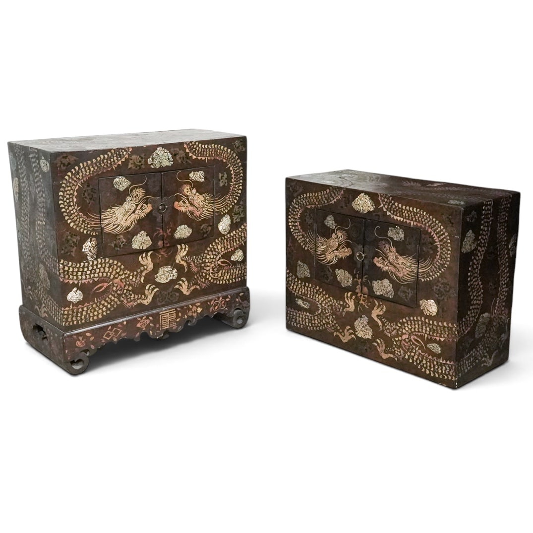 Set of Korean Nong Cabinets: Set of Korean Nong Cabinets Late 19th-early 20th century, Korean Set of Korean nong cabinets decorated with inlaid wire, shell, ray skin, ect. These cabinets have large bold inlay dragons amongst clou