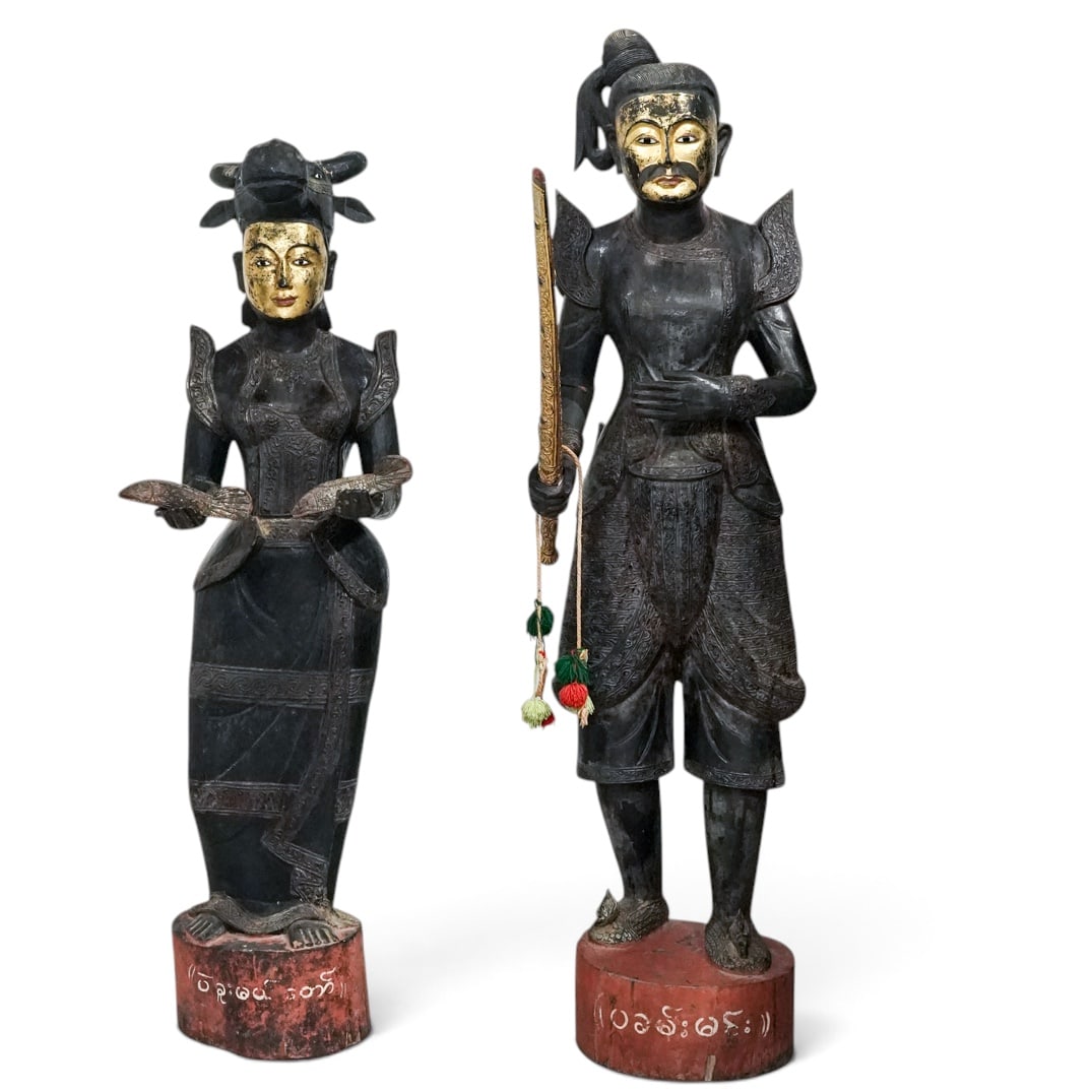 Pair of Antique Life Size Burmese Nat Statues: Pair of Antique Life Size Burmese Nat Statues Late 19th-early 20th century, Burmese Antique Burmese Nat statues show the rich cultural heritage of Myanmar and are carved from wood and adorned with gol