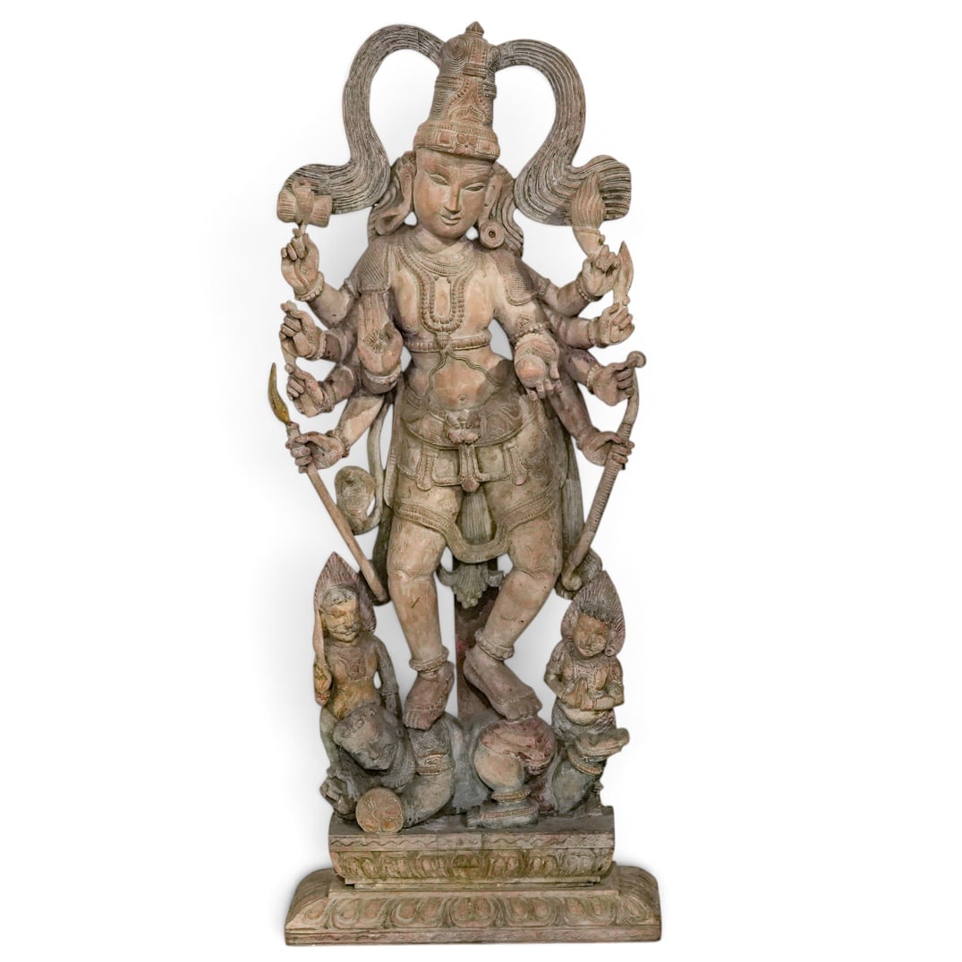 Large Carved Wood Indian Sculpture of Hindu Shakti Goddess Kali Durga: Large Carved Wood Indian Sculpture of Hindu Shakti Goddess Kali Durga 19th-20th century, Indian This is a finely carved wood example of a Hindu sculpture with traces of polychrome yellow, blue, and re