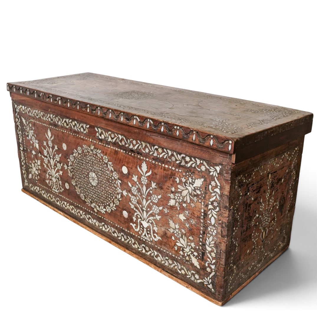 Mughal, Indo-Portuguese, Massive Inlaid Chest, 17th-18th Century: Mughal, Indo-Portuguese, Massive Inlaid Chest, 17th-18th Century 17th-18th century This is a massive chest with a now hinged lid having mother of pearl and silver inlays to the top, front, and sides. 