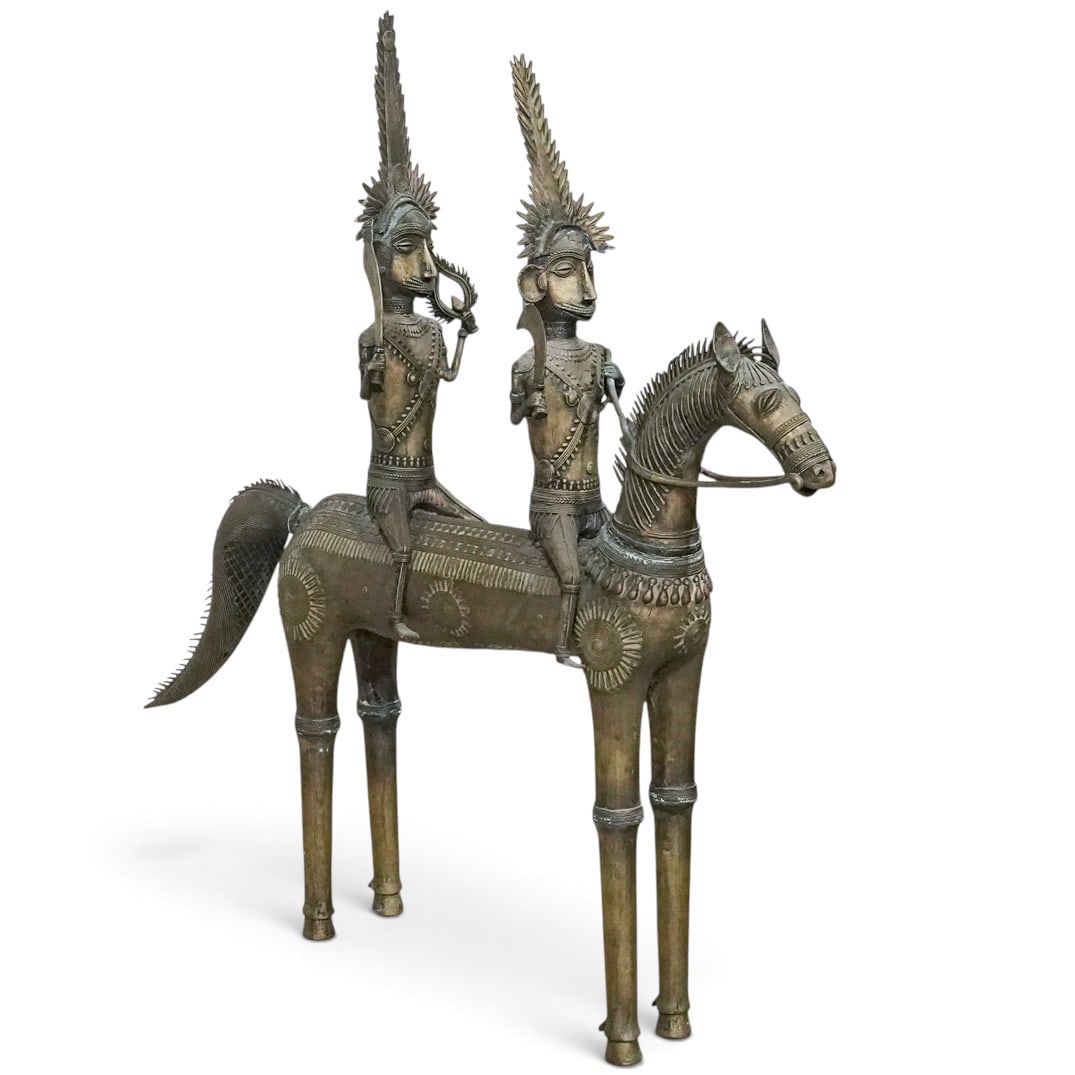 Large Indian Dhokra Bronze Horse w/ Two Riders: Large Indian Dhokra Bronze Horse w/ Two Riders Late 19th to early 20th century, Indian Antique cast bronze horse and two riders in the Dhokra, a lost wax process, tehnique. This art form is traditiona