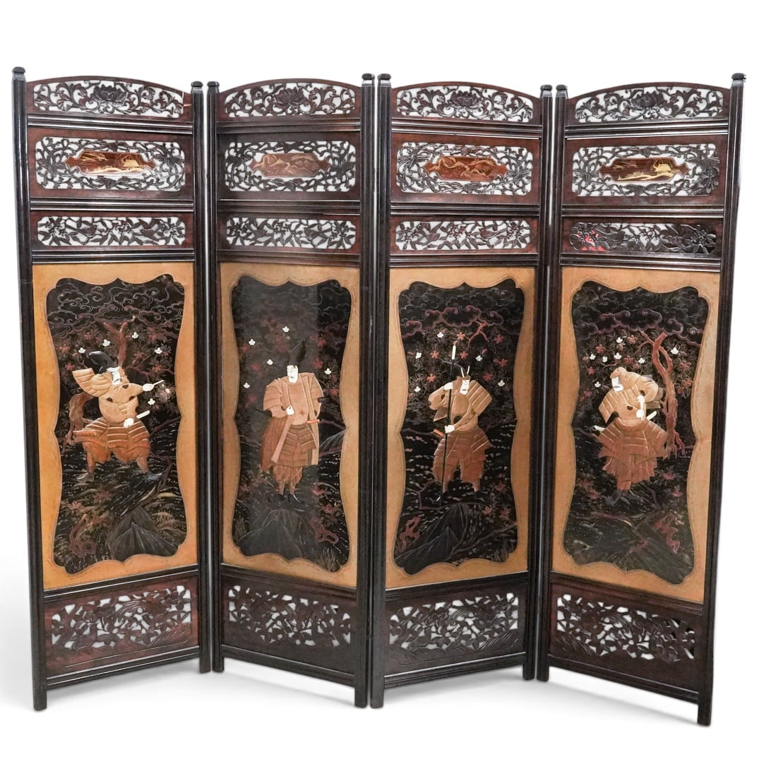 Japanese Four Panel Samurai Subject Shibayama and Lacquer Screen (1 of 10)