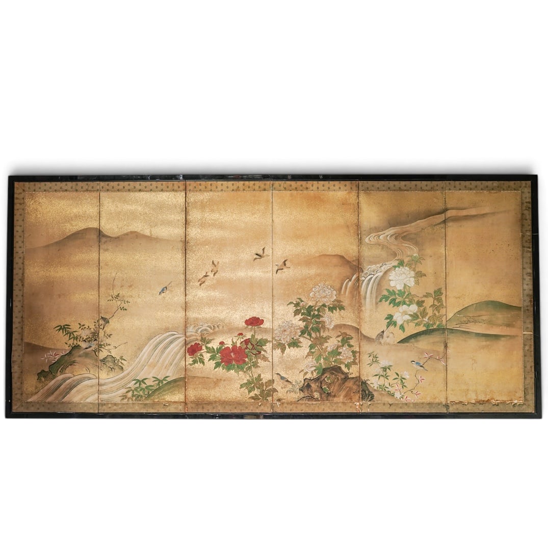 Japanese Edo Period (17th-18th Cent.) Six Panel Panel Screen: Japanese Edo Period (17th-18th Cent.) Six Panel Panel Screen Edo period, Japanese Japanese Edo period six panel screen with gold leaf background, flower and stream design. This is most likely Kano sch