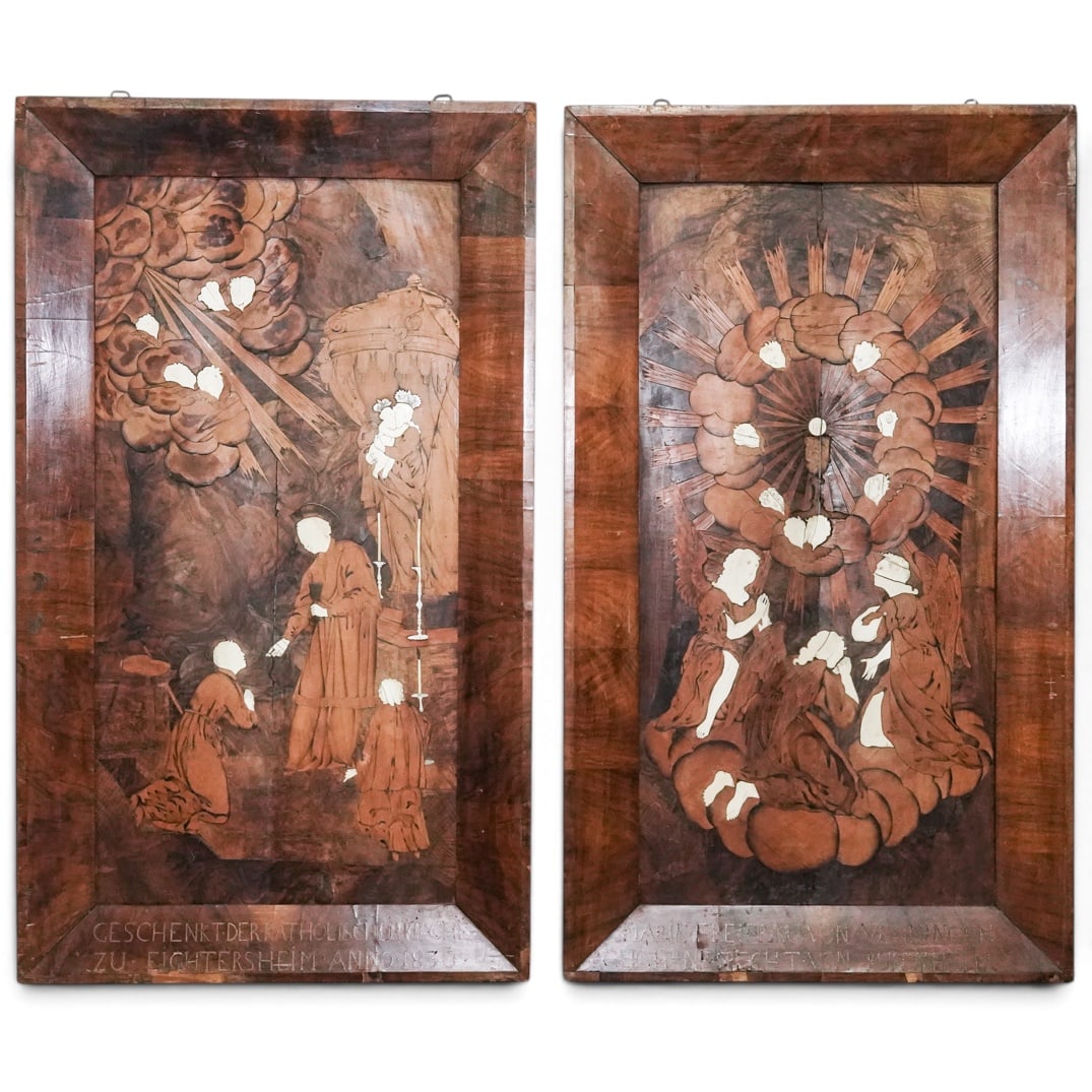 Pair of German Inlaid Wood Religious Panels: Pair of German Inlaid Wood Religious Panels 18th-19th century, German A pair of German carved inlaid wood religious panels. Each panel features a Catholic religious scene. One panel features monks or 