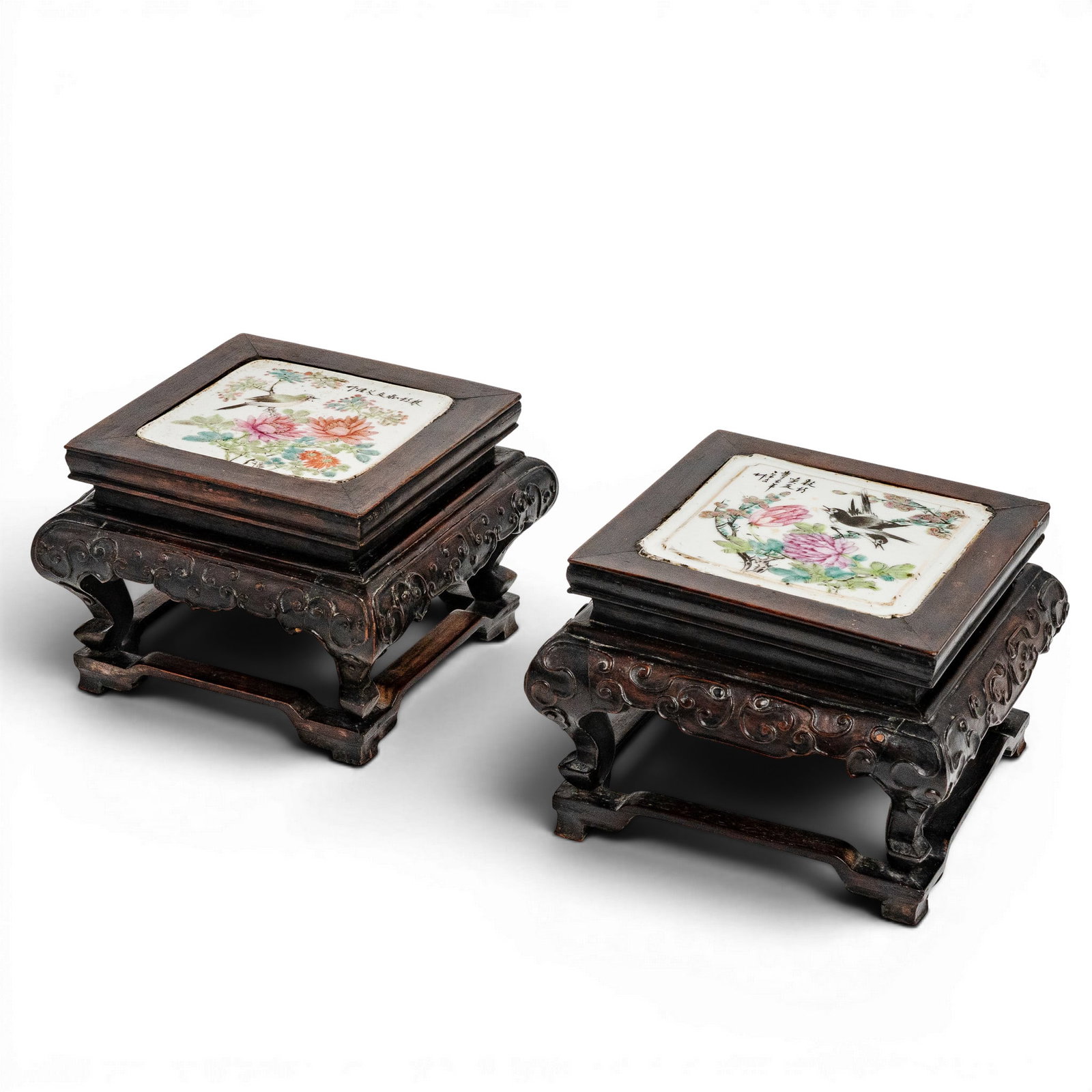 Pair of Small Chinese Famille Rose Porcelain Tile & Hardwood Stands: Pair of Small Chinese Famille Rose Porcelain Tile & Hardwood Stands Late 19th- early 20th century, Chinese A pair of small Chinese hardwood stands with famille rose tile inserts. Each tile features a 