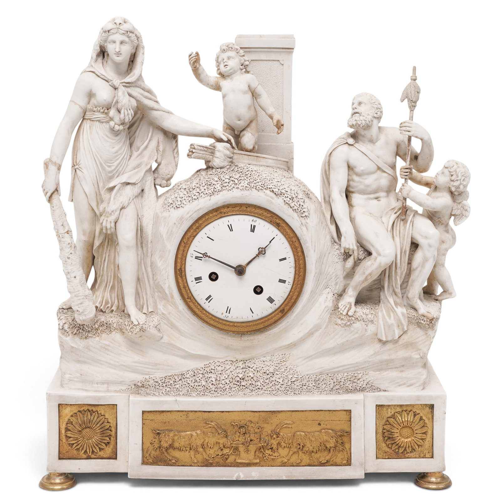 Antique French Louis XVI Biscuit & Ormolu Bronze Figural Mantel Clock: Antique French Louis XVI Biscuit & Ormolu Bronze Figural Mantel Clock Mid-Late 19th Century, France An ornate French Louis XVI-style mantel clock with a central circular clock movement flanked by clas