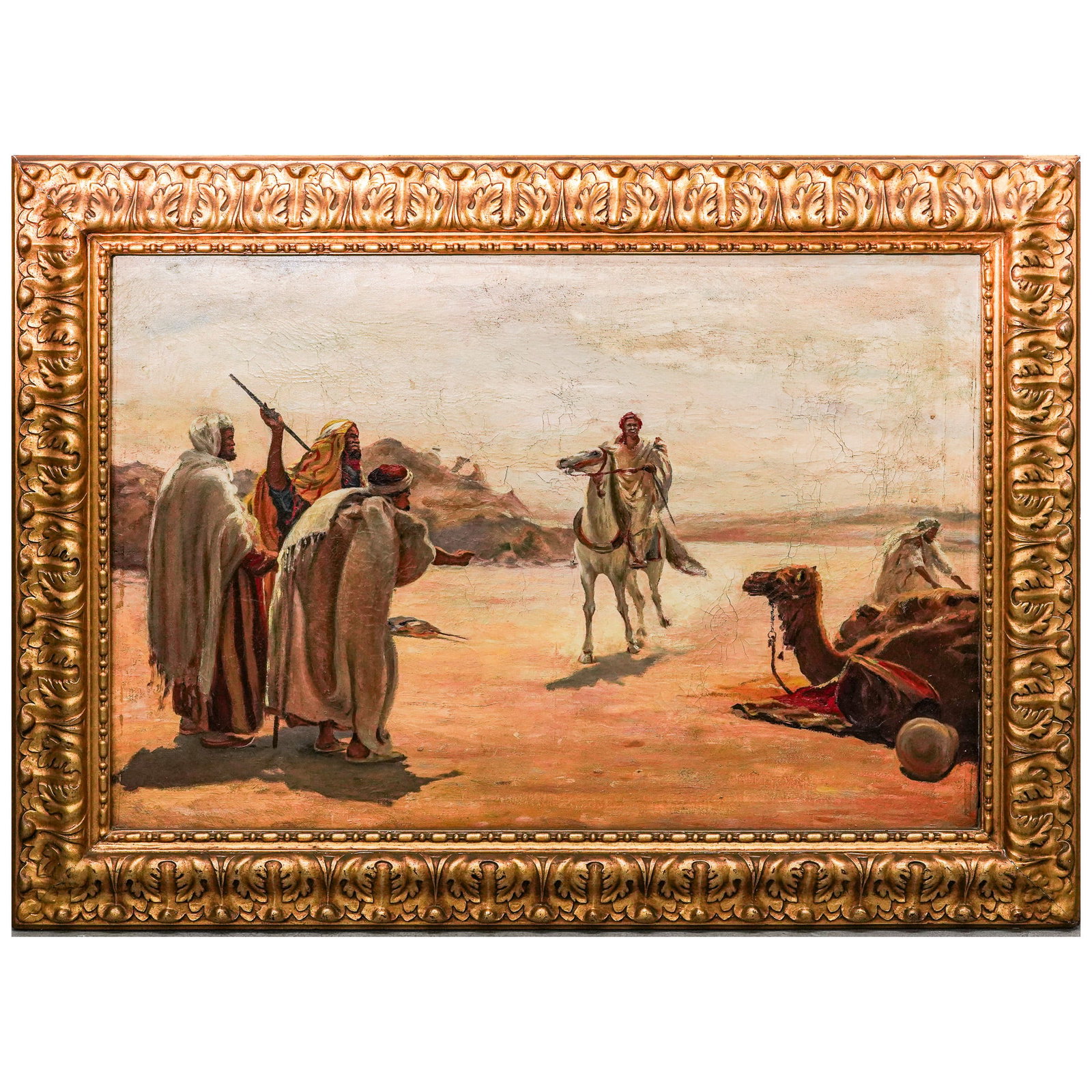 Antique Italian "In Attesa" Orientalist Oil On Canvas Painting: Antique Italian "In Attesa" Orientalist Oil On Canvas Painting 19th to 20th Cent. Italian This oil on canvas, titled In Attesa, captures a nomadic encounter within a vast, sun-baked desert landscape.