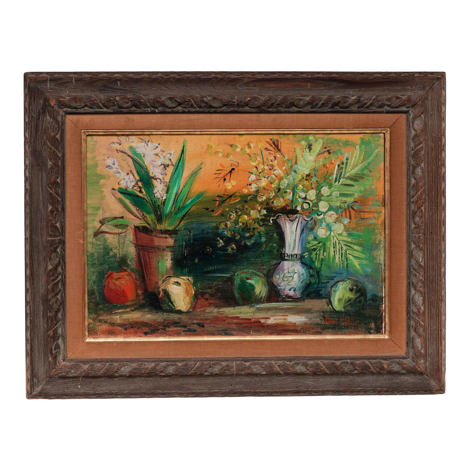 Jean Dufy (French, 1888-1964) "Nature Morte Aux Pommes" Oil on Canvas: Jean Dufy (French, 1888-1964) "Nature Morte Aux Pommes" Oil on Canvas Early 20th Century, France An colorful oil still life by French artist, Jean Dufy, of potted foliage, flowers, and decorative vess