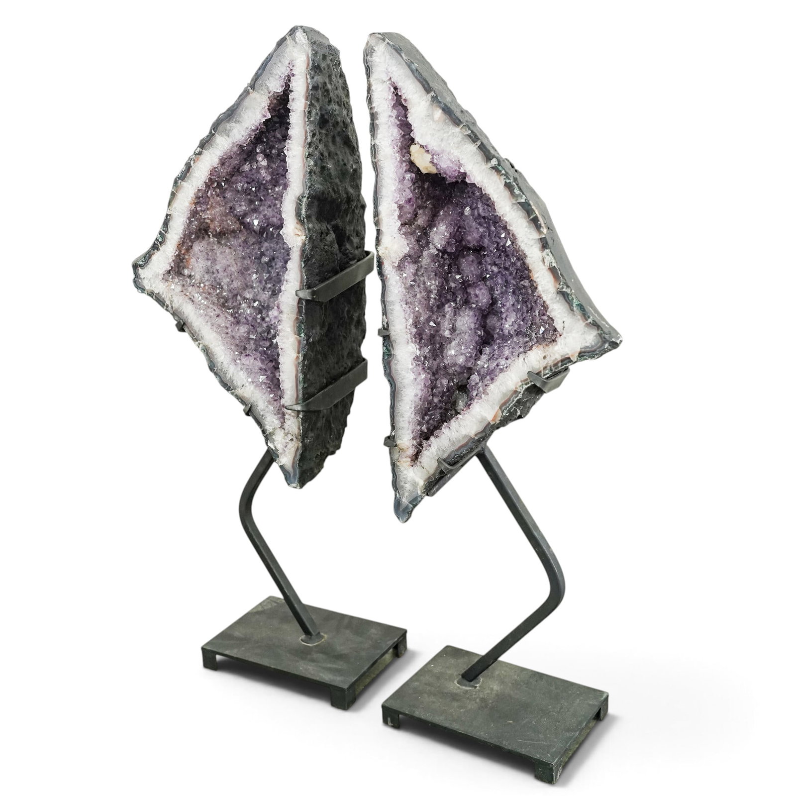 Pair Triangular Amethyst Geode Cathedrals with Stands - 2