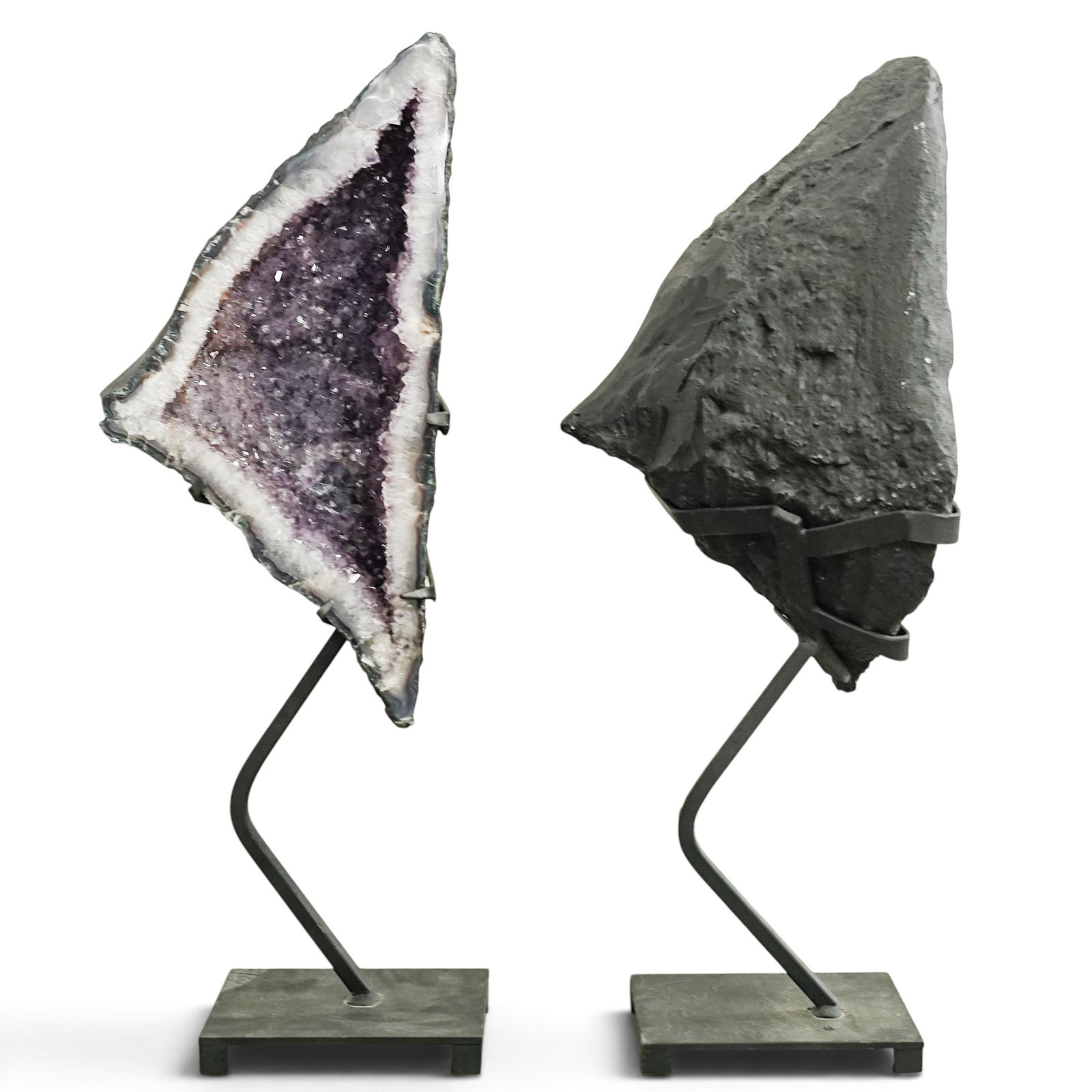 Pair Triangular Amethyst Geode Cathedrals with Stands - 6