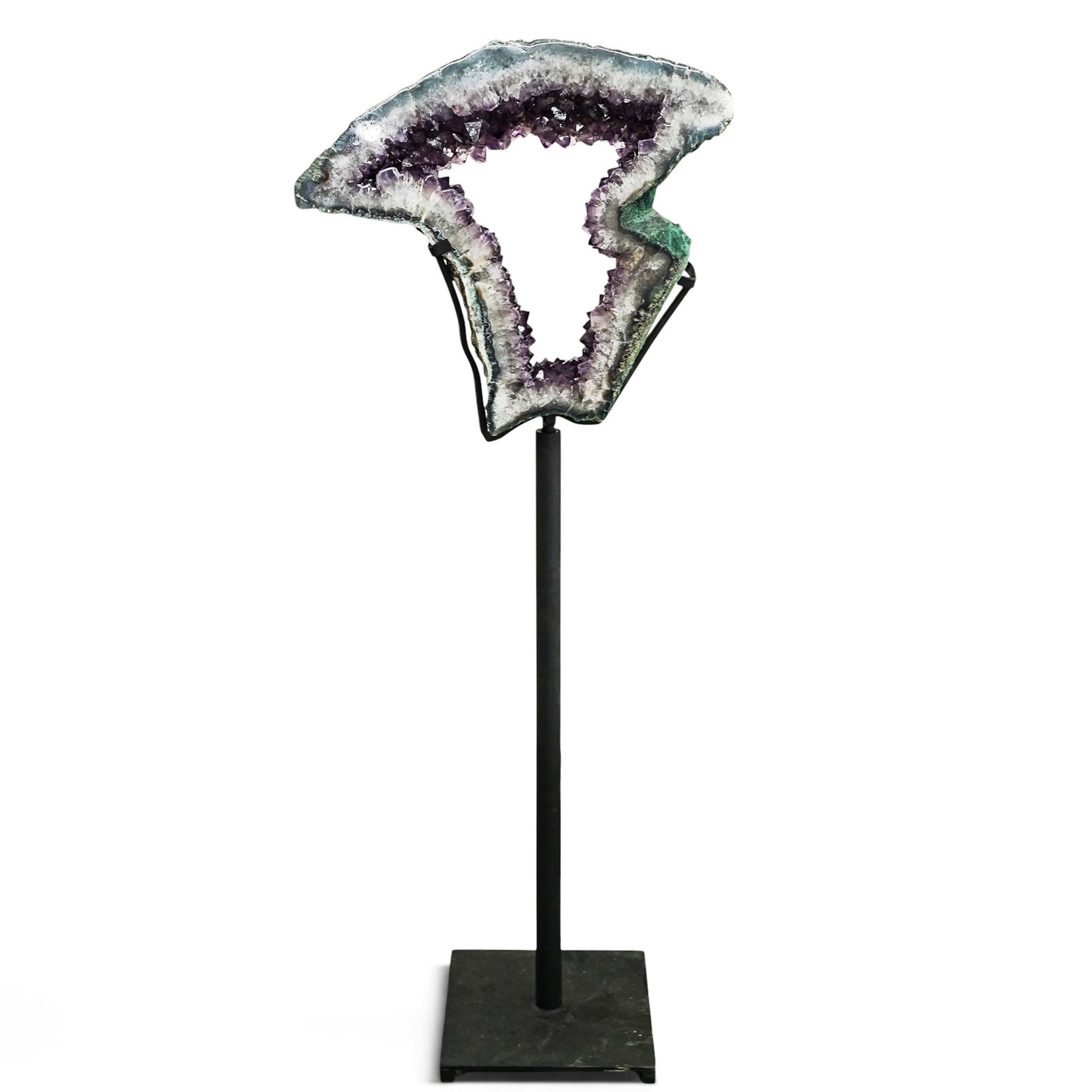 Freeform Amethyst Portal Cathedral Geode with Stand: Freeform Amethyst Portal Cathedral Geode with Stand 20th Century, Brazil A striking natural amethyst portal geode featuring a freeform open cavity lined with densely clustered deep purple quartz