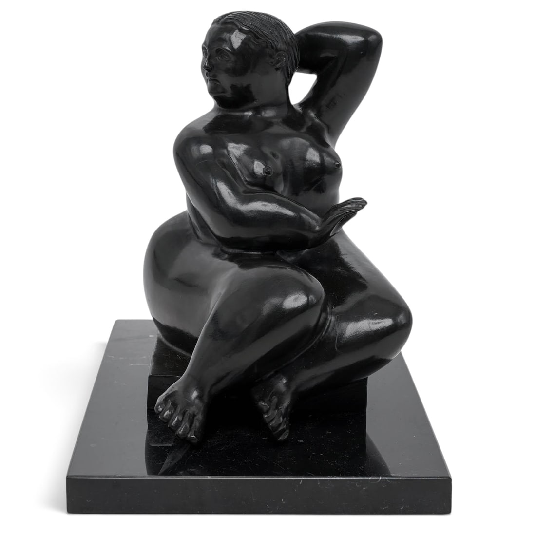 After Botero Bronze Female Sculpture: After Botero Bronze Female Sculpture c. 2007, Columbian Fernando Botero (Colombian, 1932–2023) limited edition bronze sculpture depicting a seated, full-figured female rendered in the artist's iconi