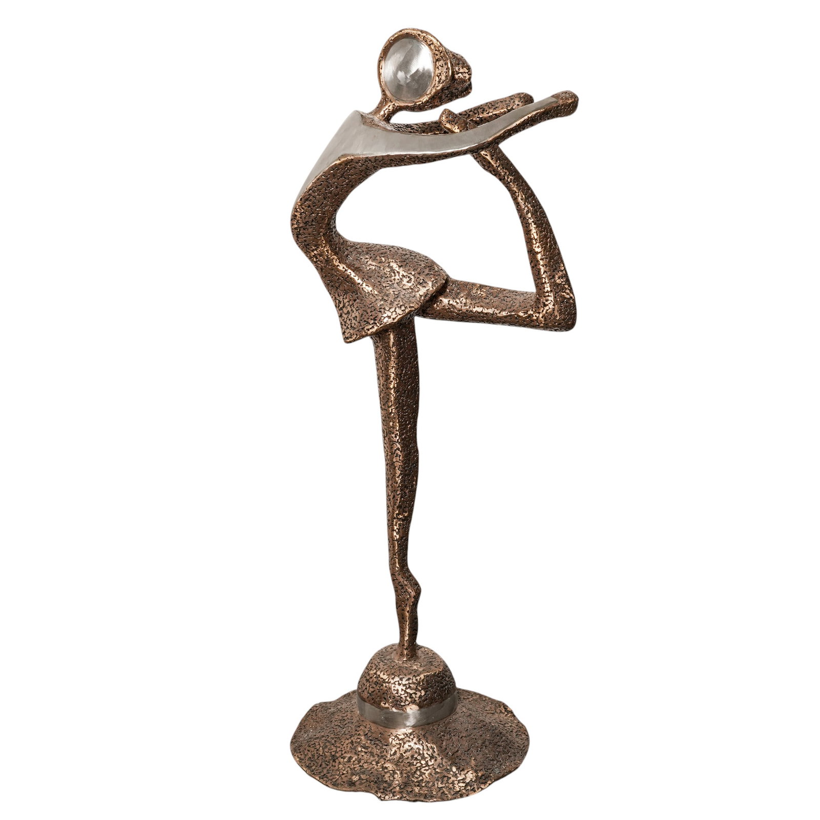 Penny Collins Mixed Metal Sculpture: Penny Collins Mixed Metal Sculpture Late 20th Century, USA A monumental polished mixed metal sculpture by American artist Penny Collins, depicting an abstracted female figure in a dynamic, elongated d