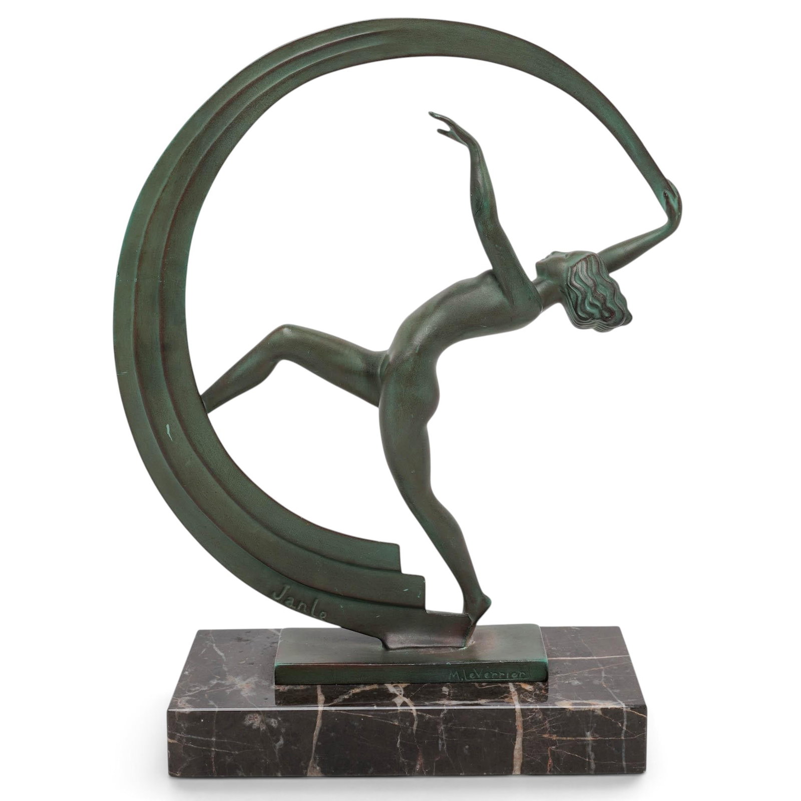 Max Le Verrier (French, 1891-1973) Nude Female Scarf Dancer Sculpture: Max Le Verrier (French, 1891-1973) Nude Female Scarf Dancer Sculpture c.1928–1930, France French Art Deco "Bacchanale" sculpture, also known as the "Scarf Dancer" or "Dancer with Scarf," designed ci