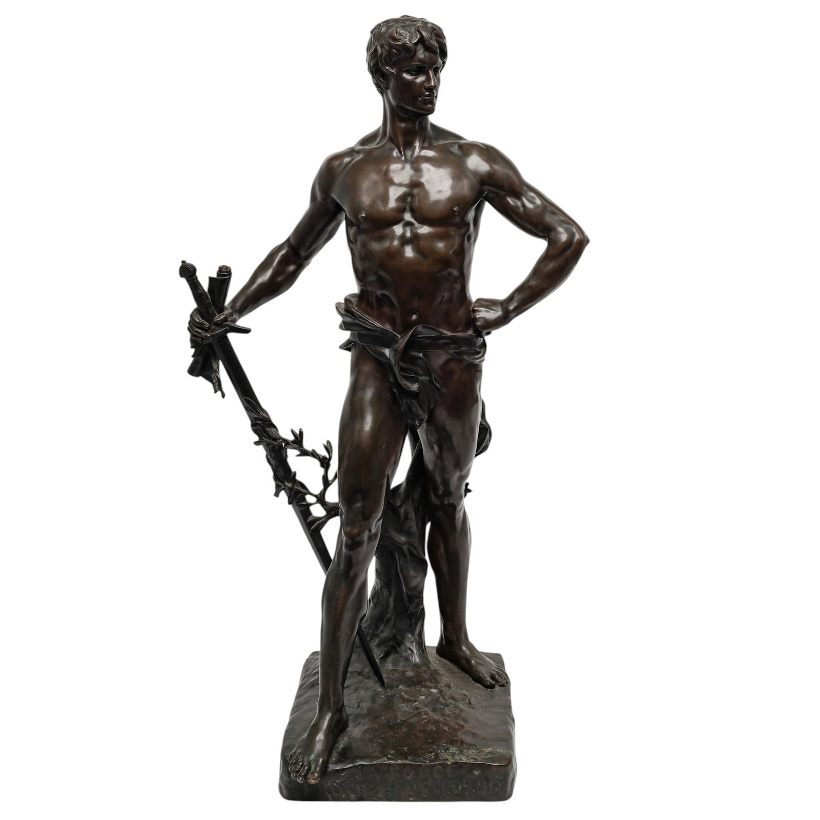 Eugene Marioton (French, 1854-1933) "La Force Protegeant le Droit" Bronze Sculpture: Eugene Marioton (French, 1854-1933) "La Force Protegeant le Droit" Bronze Sculpture late 19th-early 20th-century, French Large patinated bronze sculpture titled La Force Protégeant le Droit (Strength