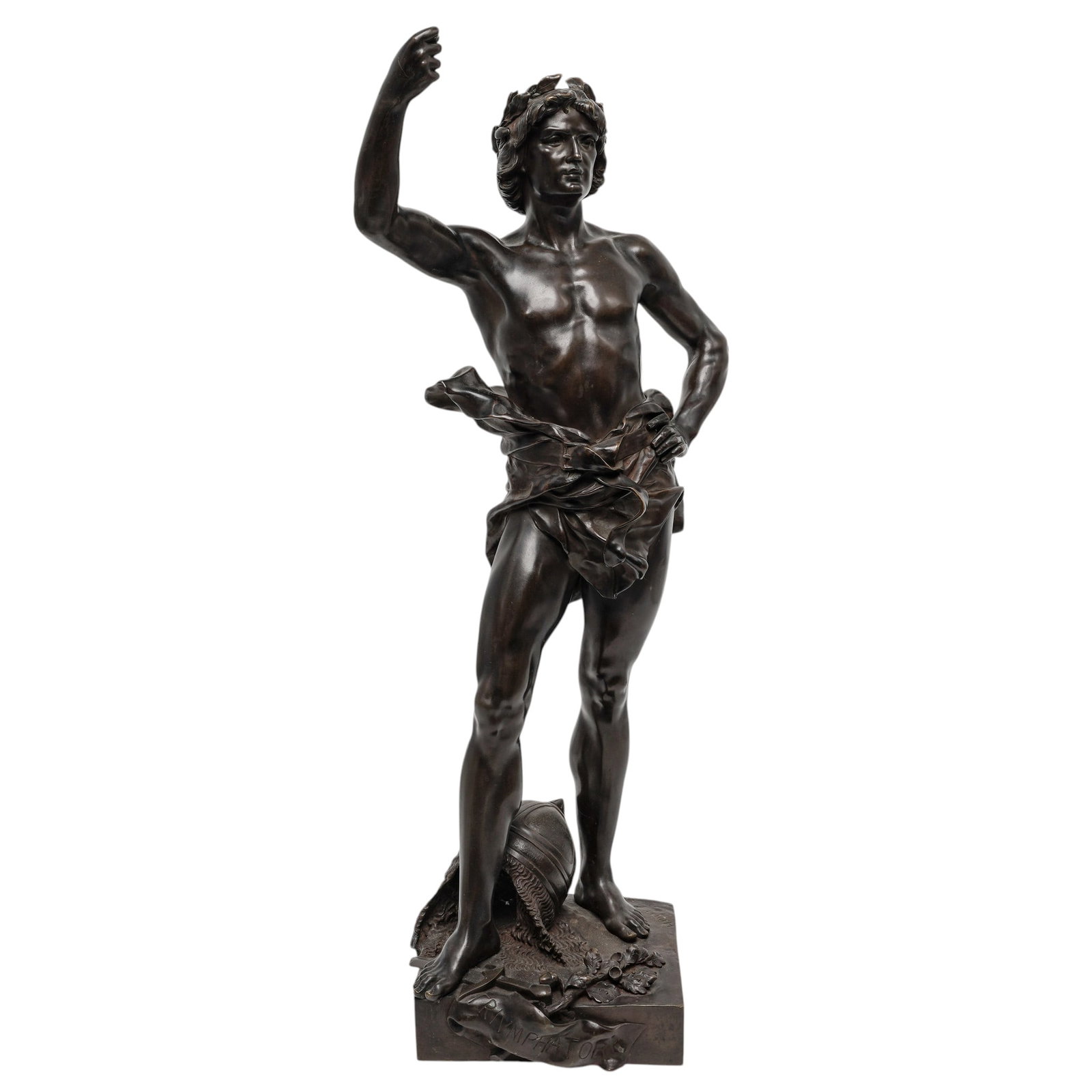 Henri Honore Ple (1853-1922) Triumphator Bronze Sculpture: Henri Honore Ple (1853-1922) Triumphator Bronze Sculpture Late 19th to Early 20th Cent, Likely France Bronze cast after Henri Honore Statue of warrior standing on a sword with right foot, a helmet at 