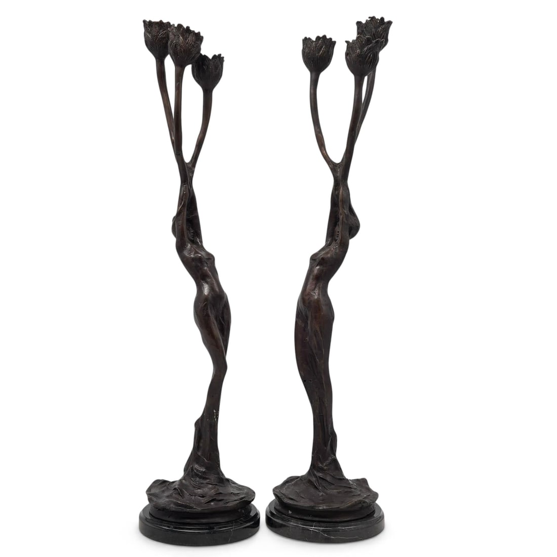 Pair Firmin Bate Art Nouveau Bronze Candelabras: Pair Firmin Bate Art Nouveau Bronze Candelabras Early-Mid 20th Century, France Pair of art nouveau bronze candelabras, after Firmin Bate, each modeled as an elongated female figure supporting three st