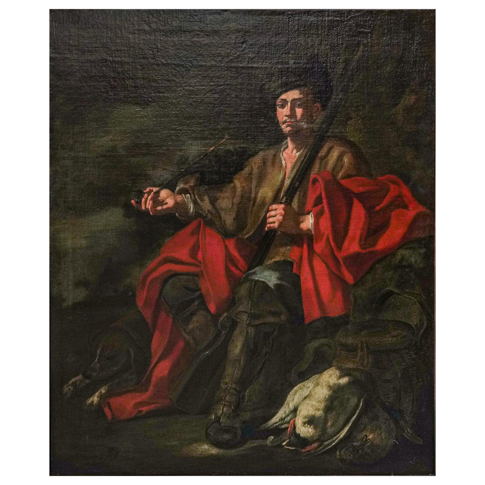 Antique Oil On Canvas Hunter w/ Musket Painting (1 of 4)