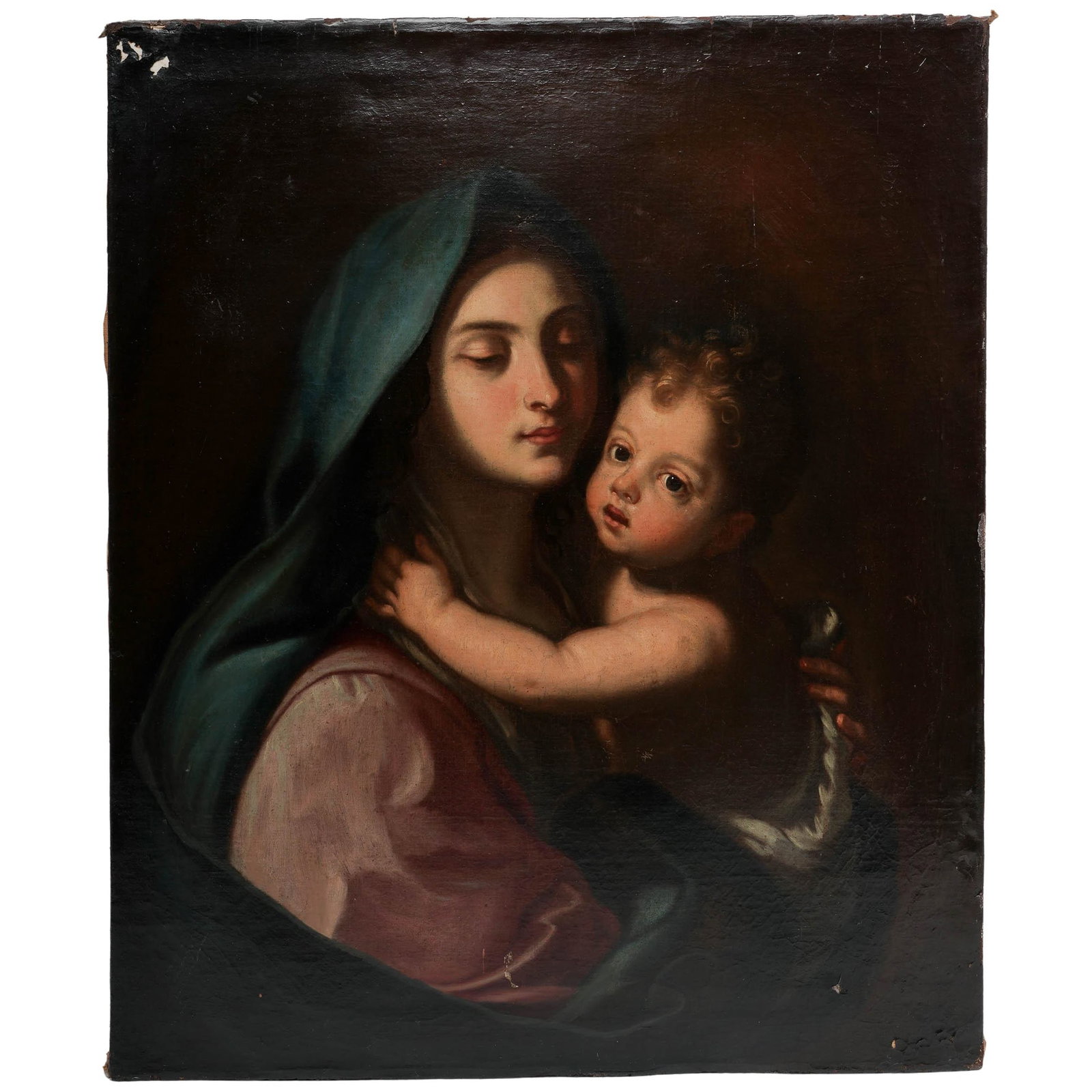 19th Cent. Italian School Madonna and Child Oil On Canvas Painting: 19th Cent. Italian School Madonna and Child Oil On Canvas Painting 19th Cent. Italian This is an antique oil on canvas painting portraying an intimate, tender moment between the Virgin Mary and the in