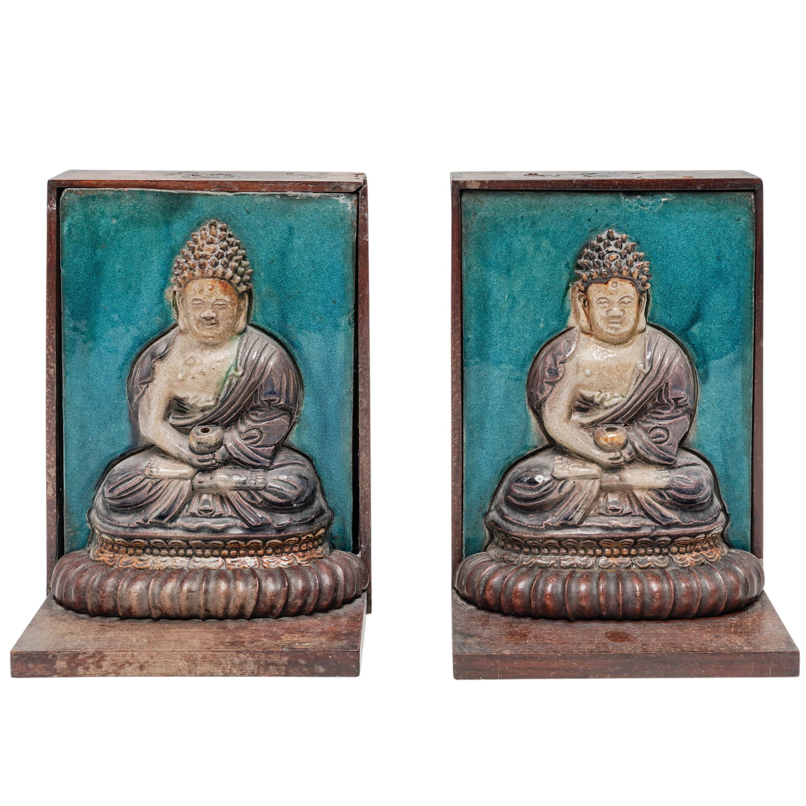 Pair Chinese Fahua Glazed Buddha Tiles: Pair Chinese Fahua Glazed Buddha Tiles Early 20th century, China Pair of Asian Buddhist figural relief panels depicting seated Buddha figures in meditative poses, each rendered with elongated