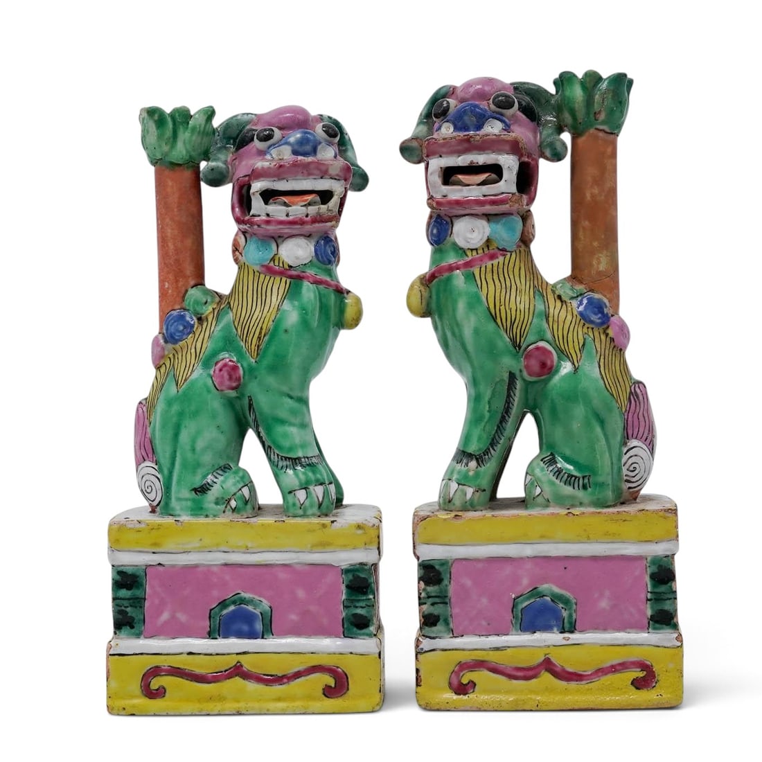 Pair Of Chinese Qing Famille Rose Porcelain Foo Dog Stick Holders (1 of 8)