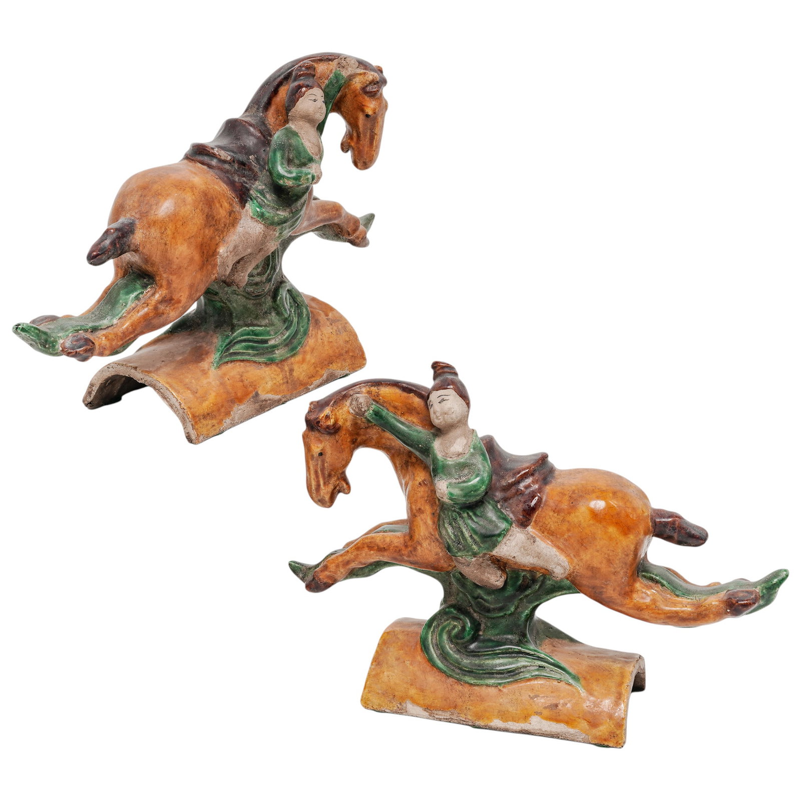 Pair Chinese Sancai Glazed Ceramic Equestrian Roof Tiles (1 of 7)