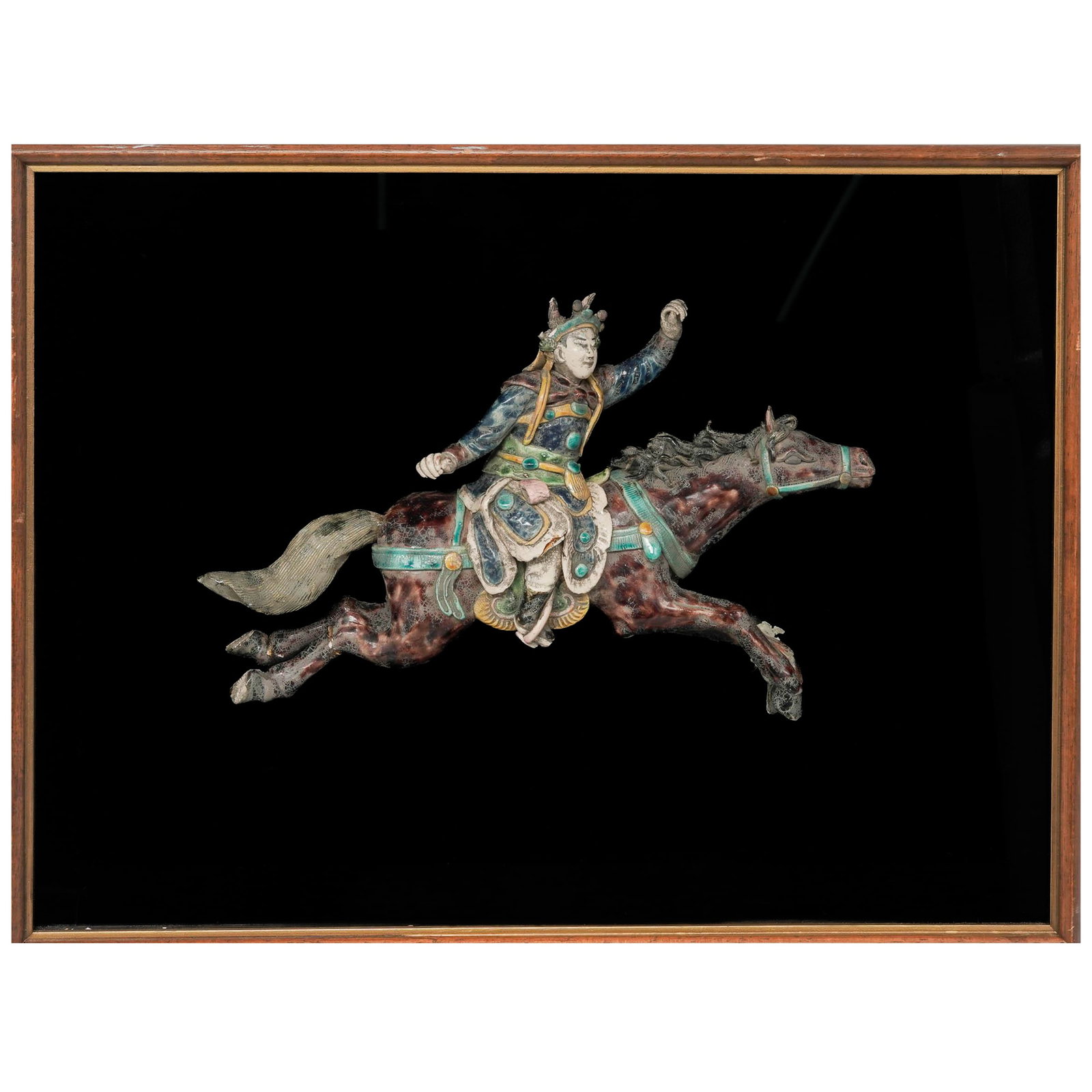 19th Cent. Chinese Polychrome Warrior Roof Tile: 19th Cent. Chinese Polychrome Warrior Roof Tile 19th Cent, China Chinese warrior mounted atop a horse, painted in colorful polychrome. Displayed in a shadow box frame. L 21 1/2" x W 15 1/2" x D 4 1/4"