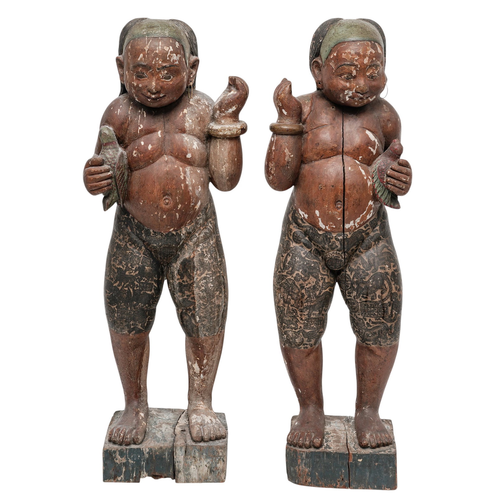 Pair of Antique Thai Carved Wood Child Guardian Sculptures (1 of 14)