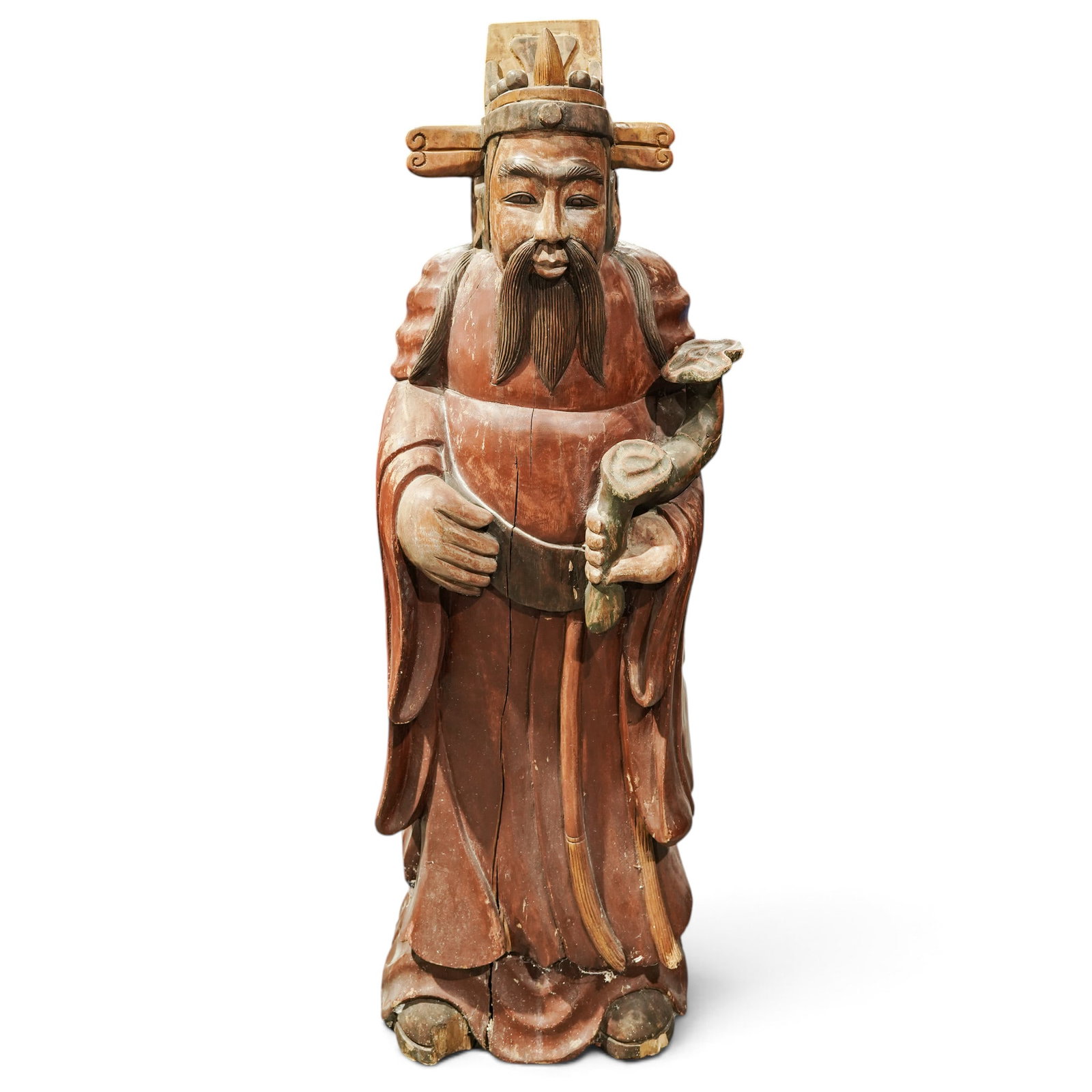 Vintage Chinese Carved Wood Fu Xing Figure: Vintage Chinese Carved Wood Fu Xing Figure Mid-20th Century, China Vintage Chinese carved wood sculpture depicting Fu Xing, one of the traditional Sanxing deities associated with fortune, prosperity,
