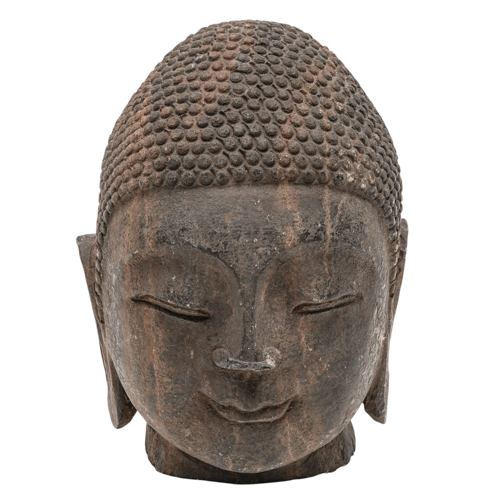Antique Southeast Asian Carved Stone Shakyamuni Buddha Head: Antique Southeast Asian Carved Stone Shakyamuni Buddha Head Late 19th - Early 20th Cent, Likely China Carved stone Shakyamuni Buddha head featuring serene, contemplative facial features and stylized h