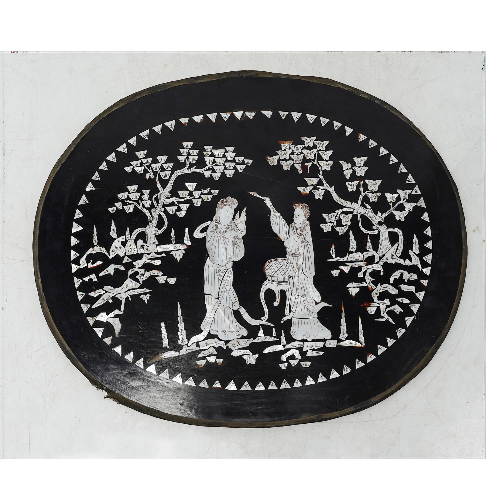 Antique Chinese MOPl Inlaid Lacquered Wood Panel: Antique Chinese MOPl Inlaid Lacquered Wood Panel Early 20th Century, China Antique Chinese oval black lacquered wood panel elaborately inlaid with iridescent mother-of-pearl depicting two elegantly ro