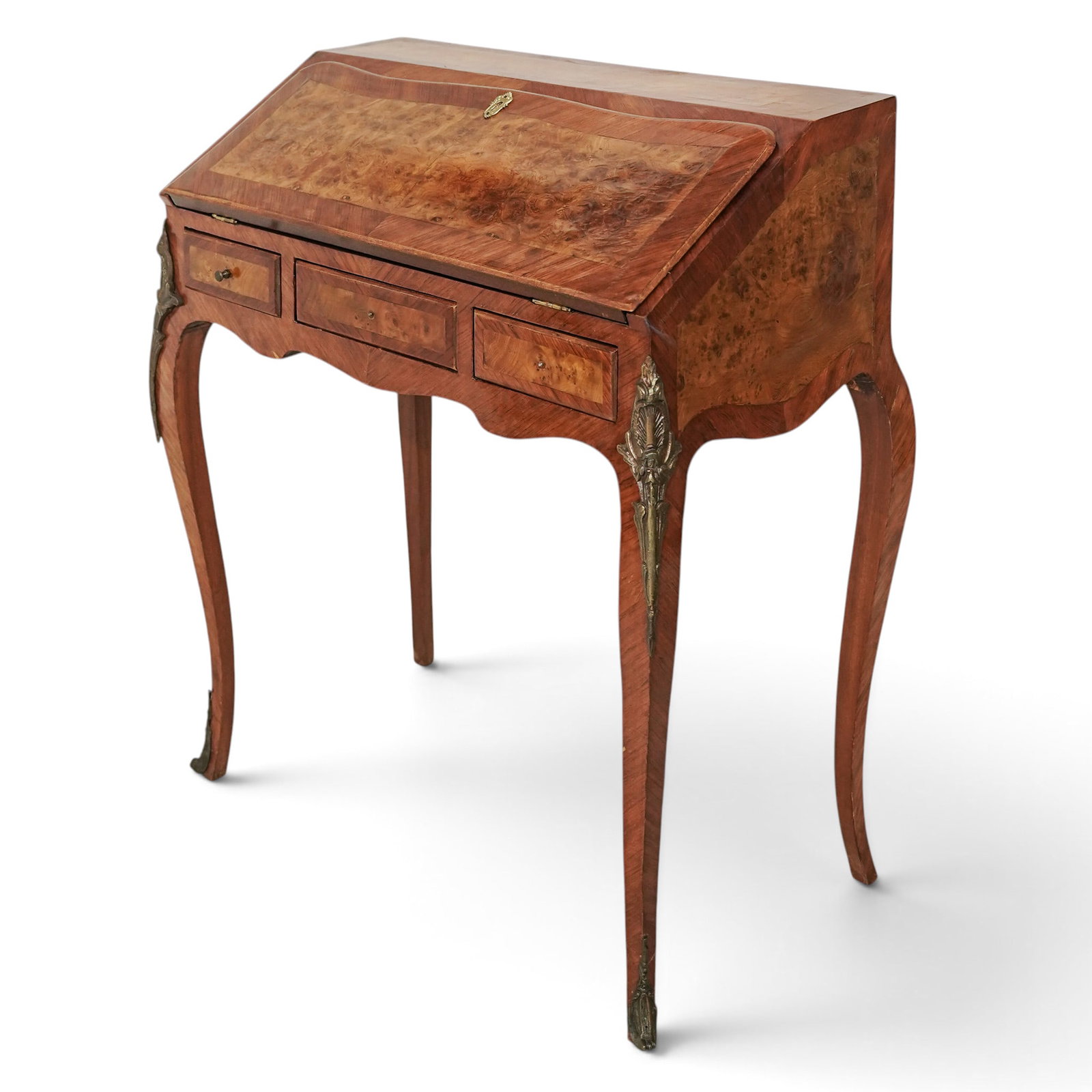 Antique Louis XV Style Slant-Front Bureau Desk: Antique Louis XV Style Slant-Front Bureau Desk Late 19th-early 20th century, French This elegant Louis XV revival bureau features a finely figured walnut burl slant front accented by cross-banded vene