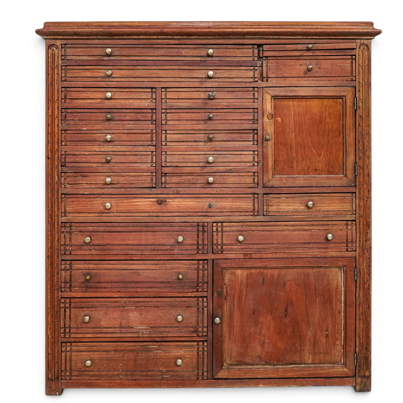 Antique Oak Wood Printer's Filing Cabinet: Antique Oak Wood Printer's Filing Cabinet 1916, Brazil Antique rectangular oak filing cabinet featuring numerous shallow drawers and hinged compartments, each articulated with geometric molded detaili