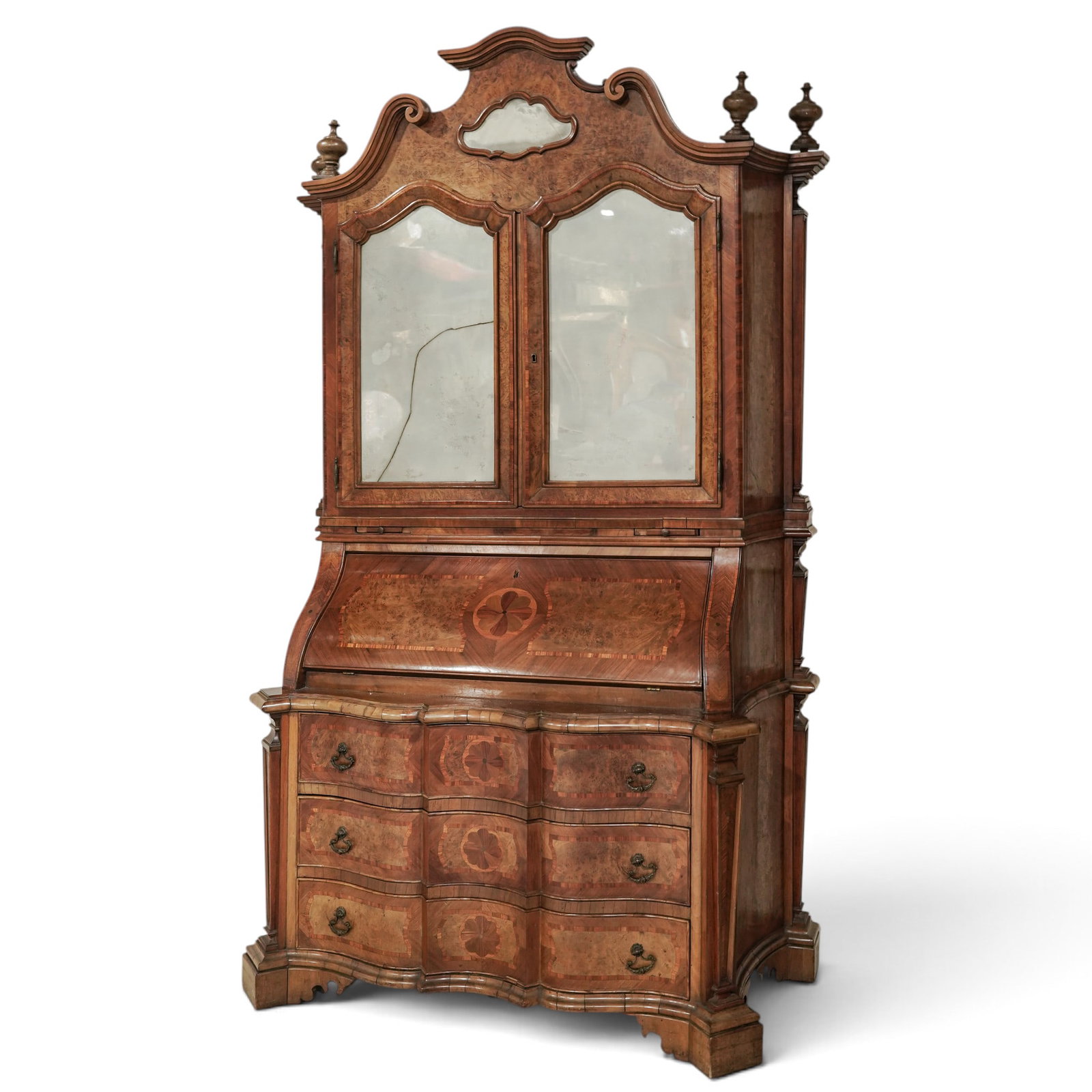 Antique Italian Baroque Revival Burlwood Marquetry & Mercury Glass Bureau (1 of 17)