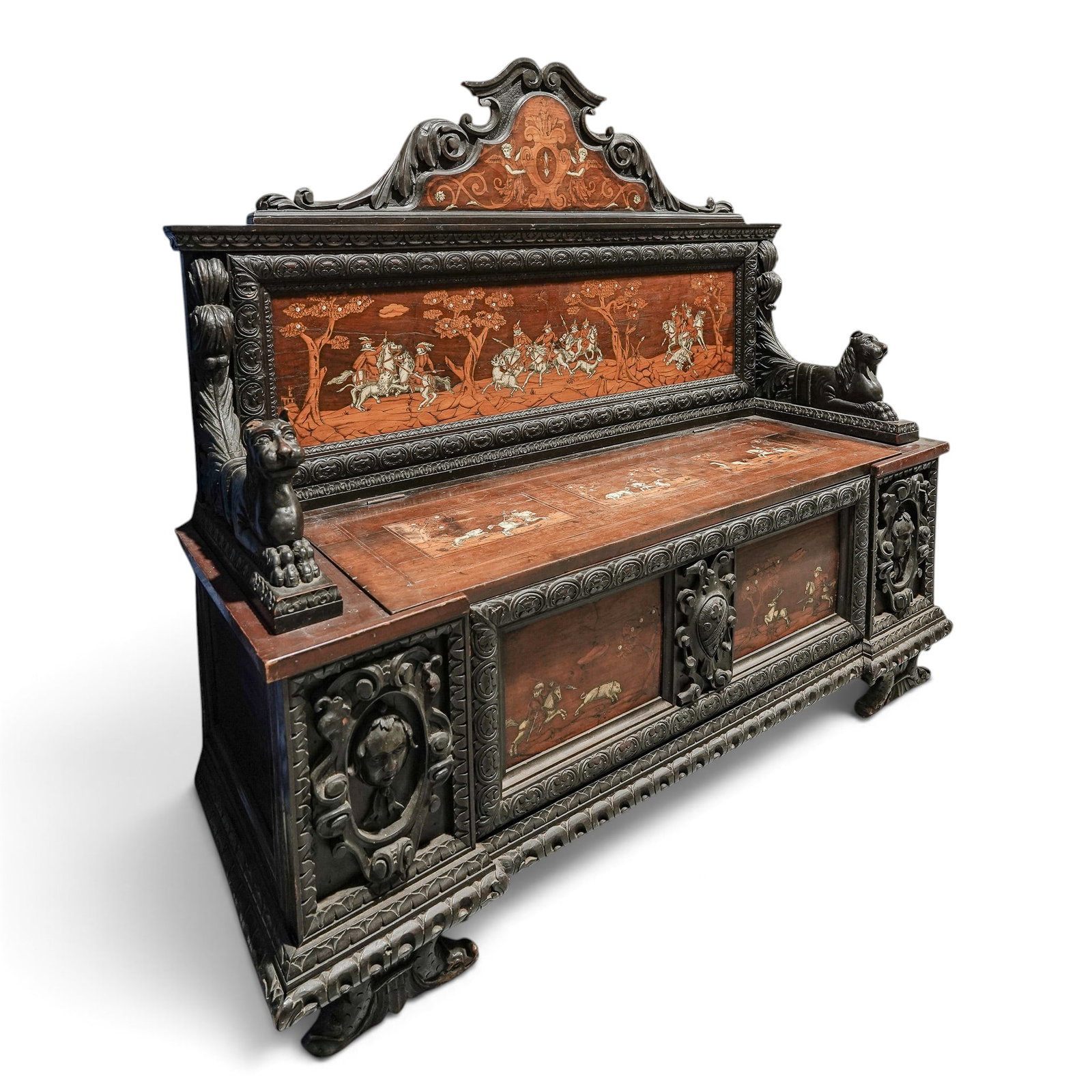 Antique Italian Carved Wood Settle Hunters Bench (1 of 11)