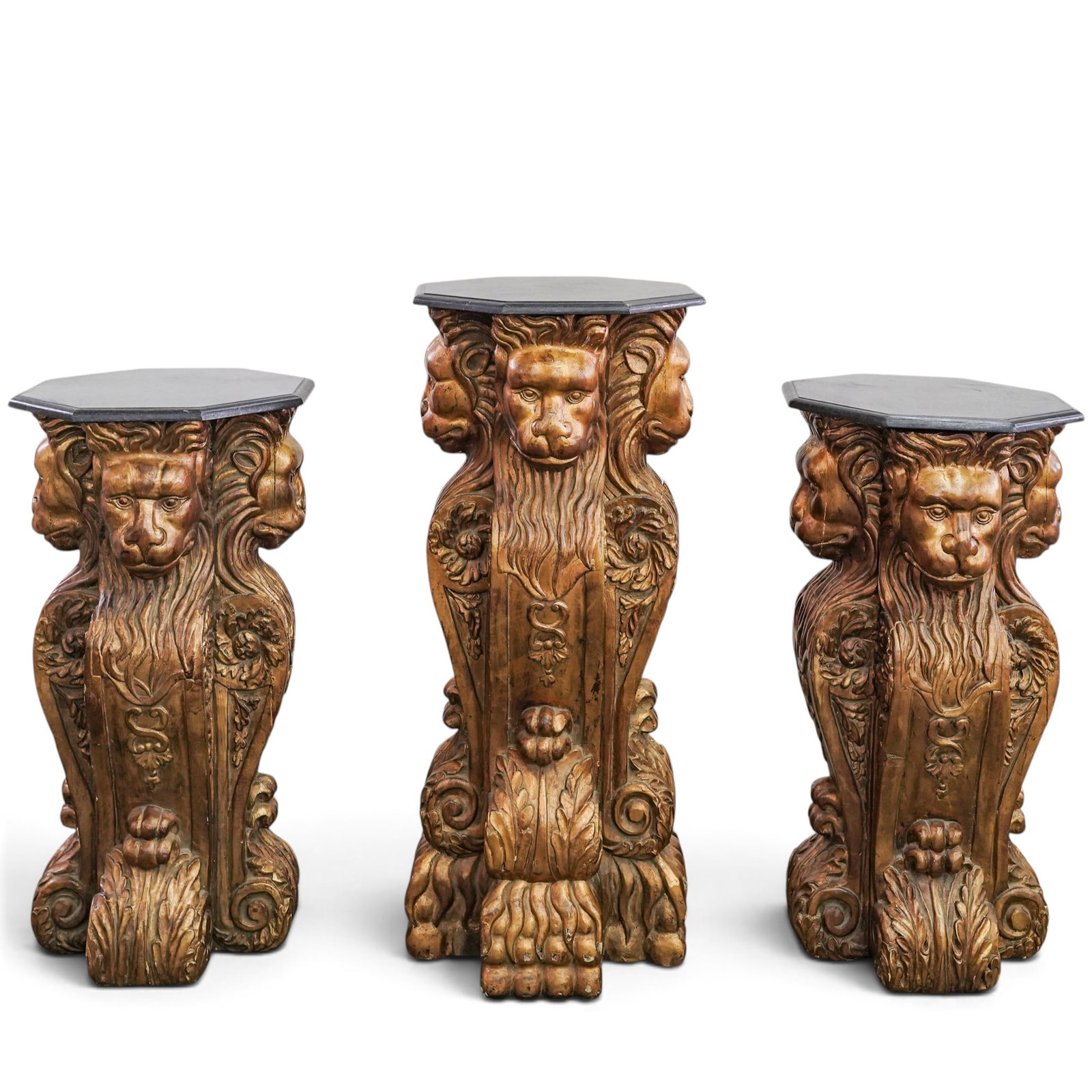(3 pc) Carved Gilt Wood & Black Marble Lion Pedestals (1 of 7)