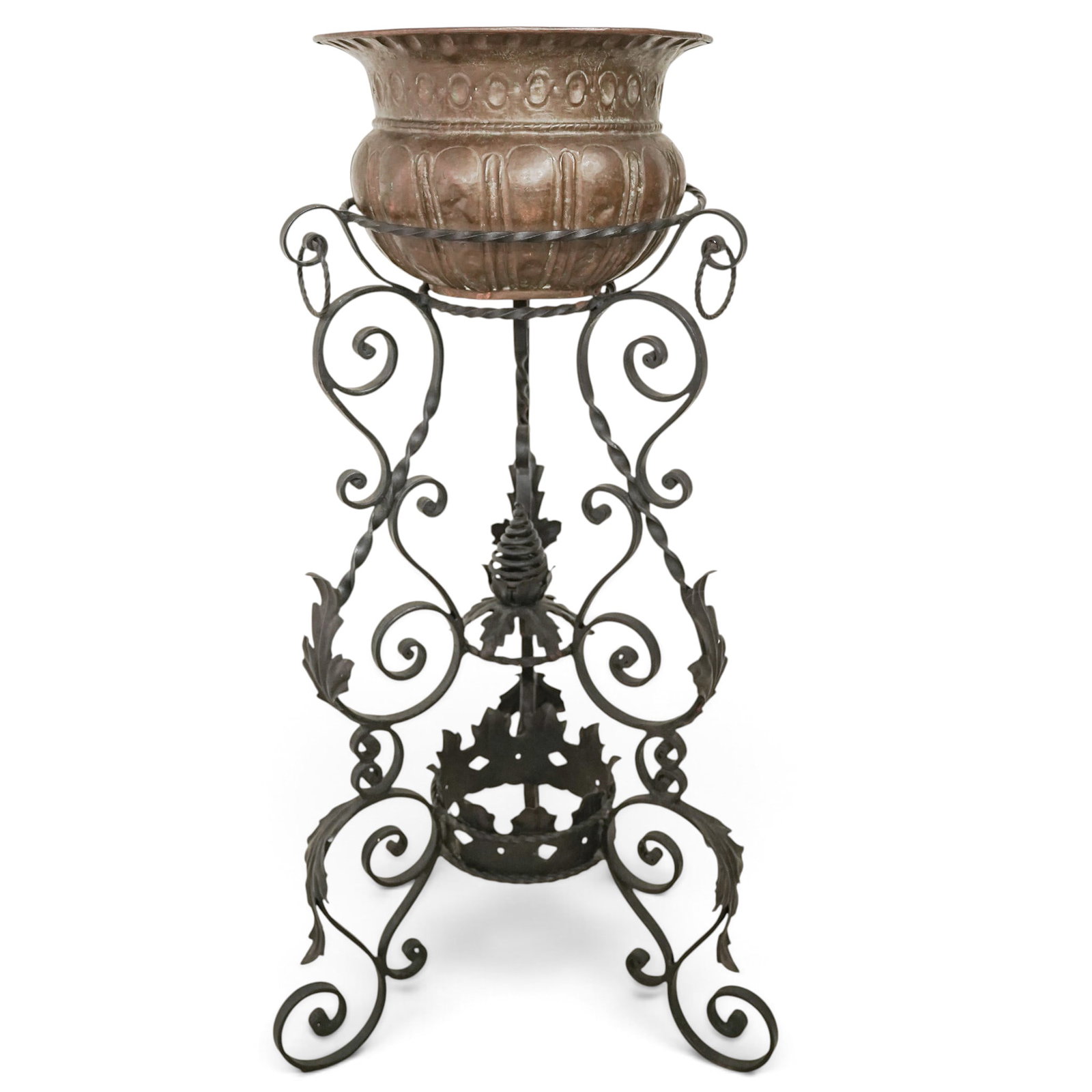 Victorian Wrought Iron and Copper Jardiniere: Victorian Wrought Iron and Copper Jardiniere Late 19th century This ornate antique plant stand features an embossed copper jardinière vessel resting in an intricately scrolled, hand-forged wrought ir
