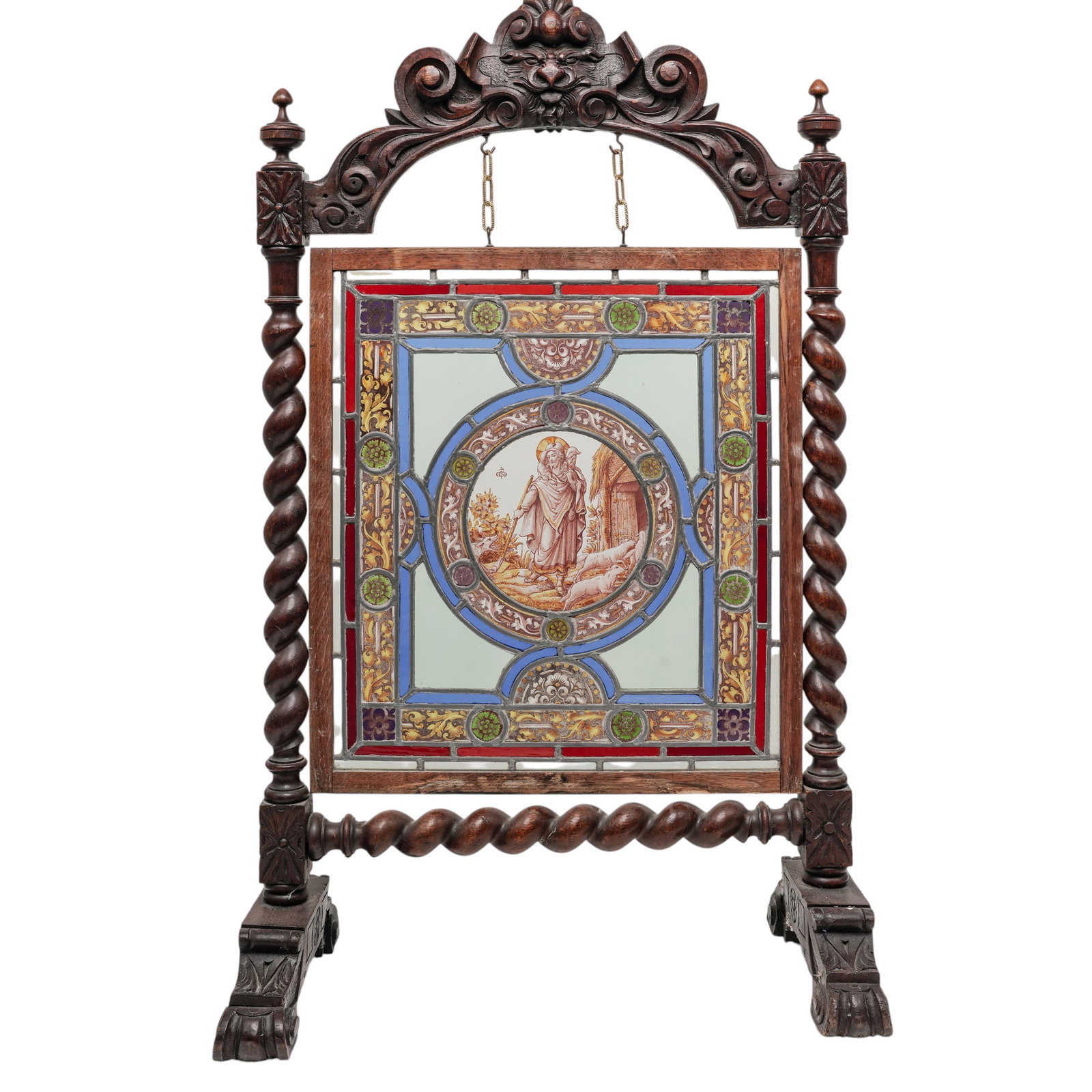 Victorian Stained Glass & Carved Wood Fireplace Screen (1 of 9)