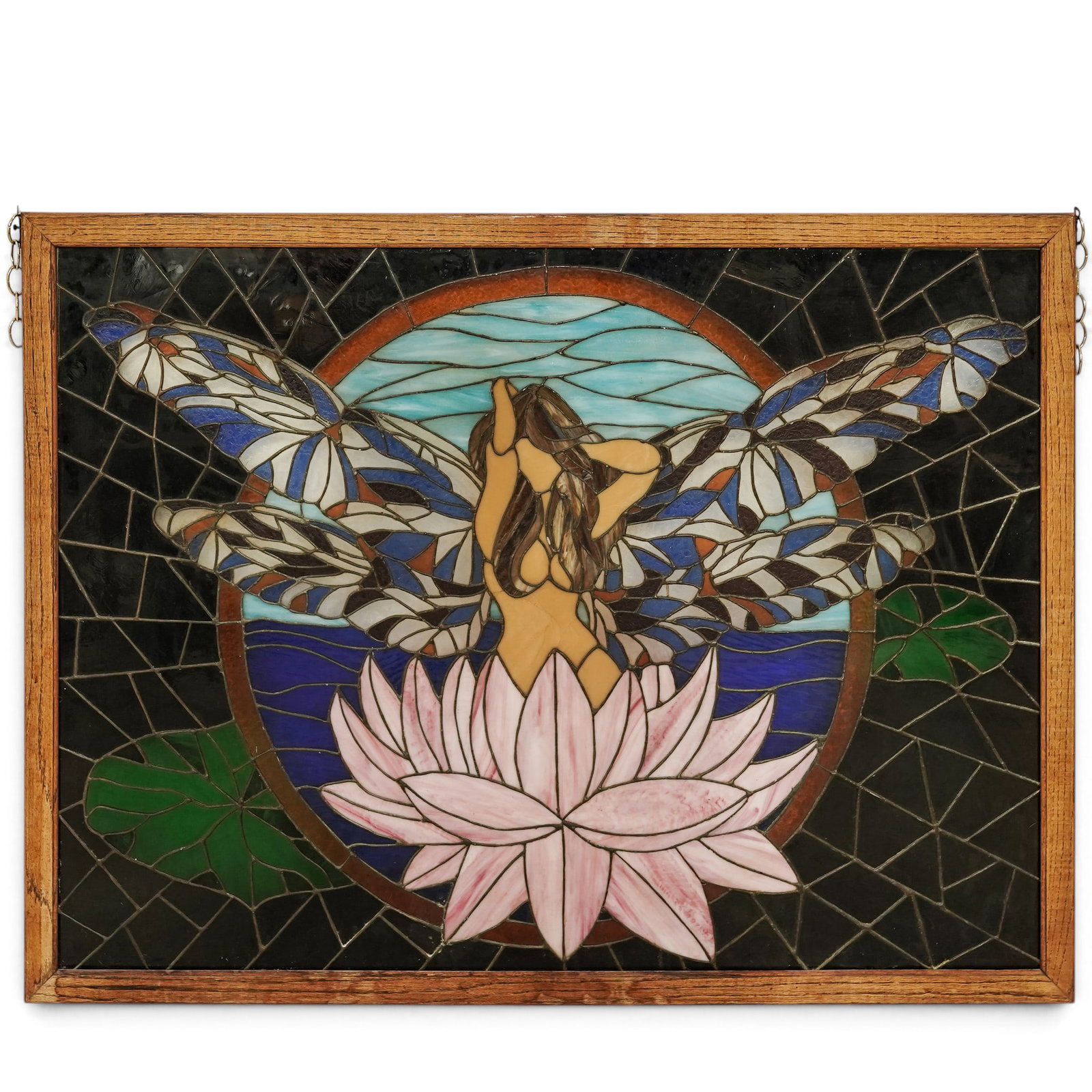 Art Nouveau Style Fairy Leaded Stained Glass Panel: Art Nouveau Style Fairy Leaded Stained Glass Panel 20th century Tiffany-style framed leaded stained glass window panel featuring an Art Nouveau design of a winged fairy or angel rising from a blooming