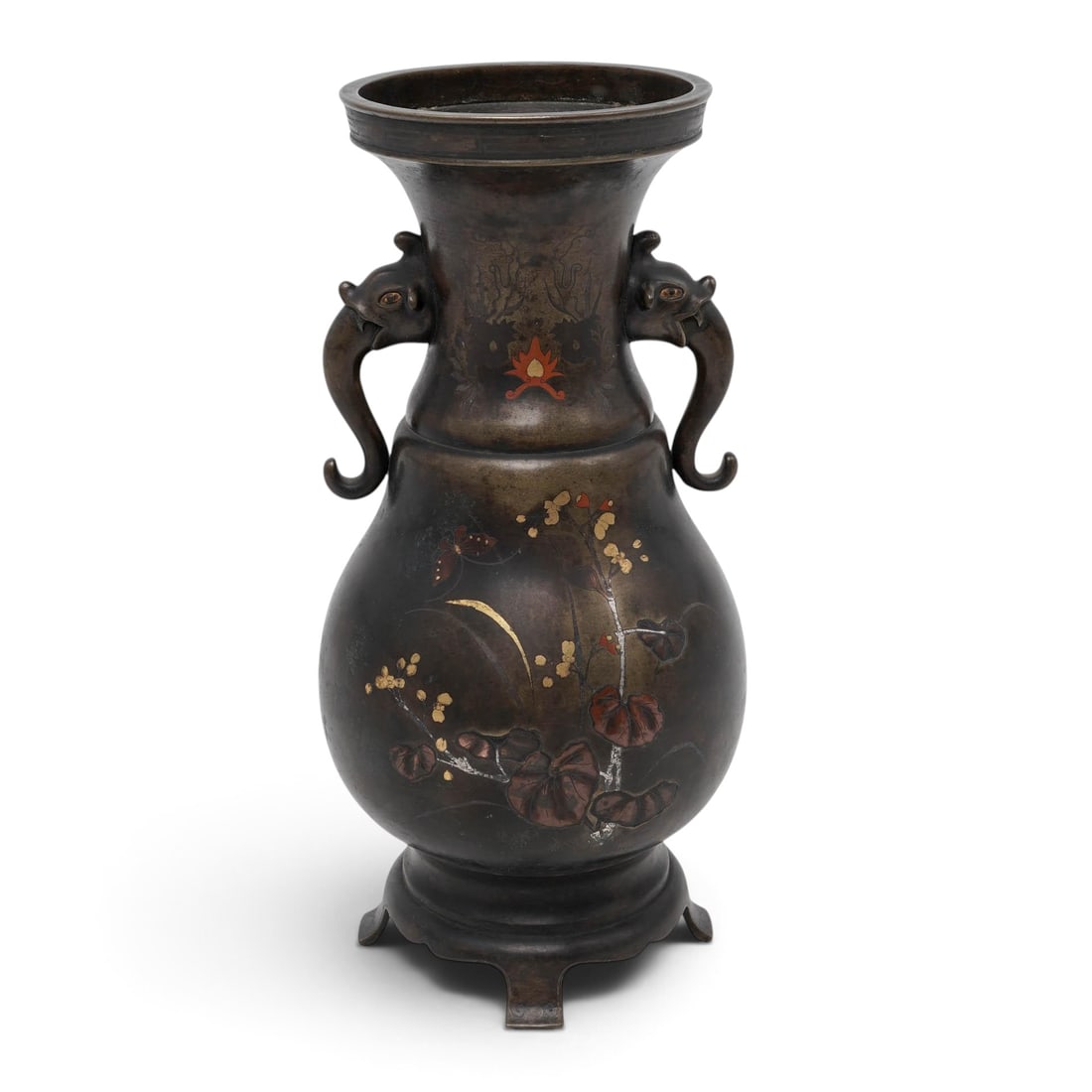 Japanese Meiji Bronze Inlay Vase w/ Elephant Mask Handles: Japanese Meiji Bronze Inlay Vase w/ Elephant Mask Handles c.1868-1912, Japanese Japanese Meiji period (1868-1912) bronze vase, featuring mixed metal inlays of gold, silver, and copper. It has a bottle
