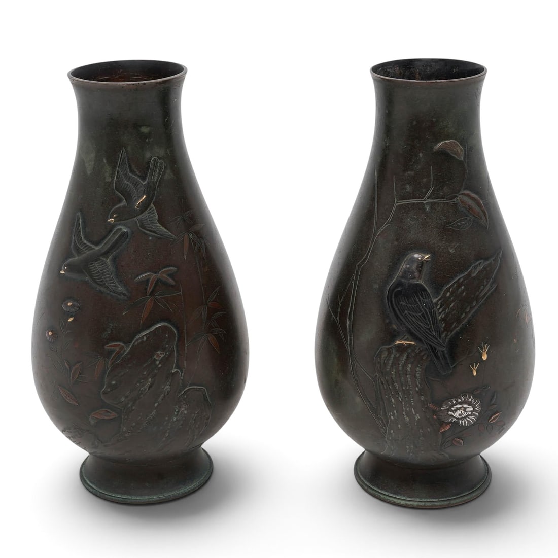 Pair Japanese Meiji Bronze With Silver & Gold Inlay Vases (1 of 6)