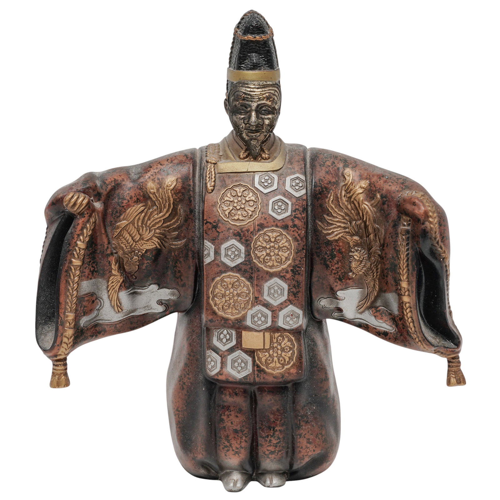 Vintage Japanese Okina Noh Theater Bronze Figurine: Vintage Japanese Okina Noh Theater Bronze Figurine c. 1950s-1970s, Japanese Vintage Japanese bronze okimono depicting Okina, the revered elderly character from classical Noh theater traditionally asso