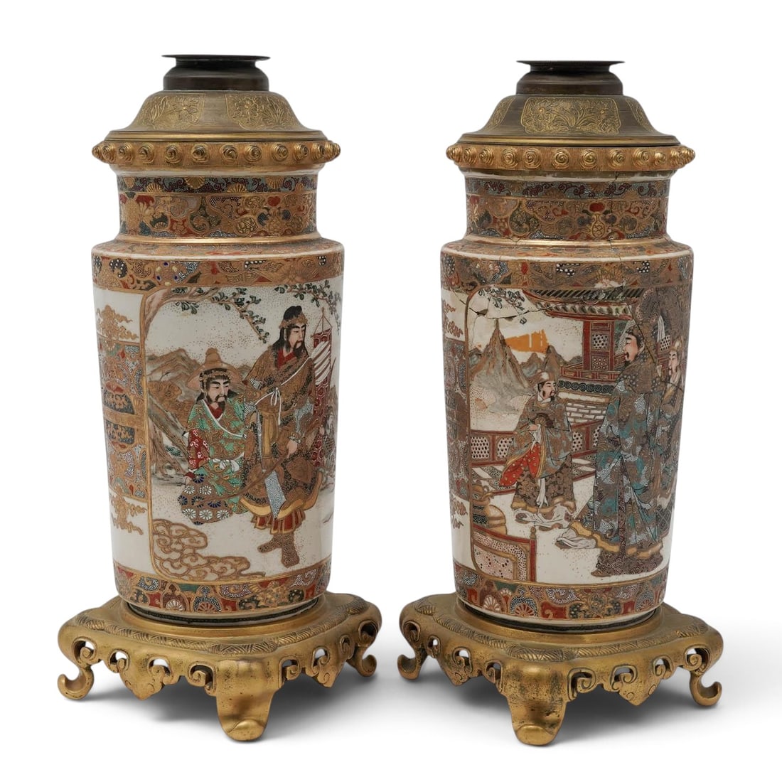 Pair of Antique Japanese Satsuma Earthenware Oil Lamp Vases (1 of 15)