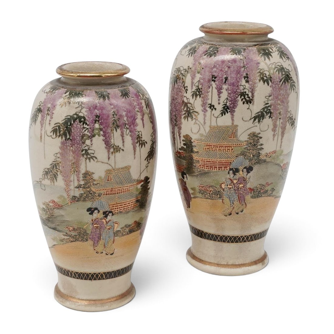 Pair Of Japanese Meiji Satsuma Wisteria Garden Vases, Signed (1 of 12)