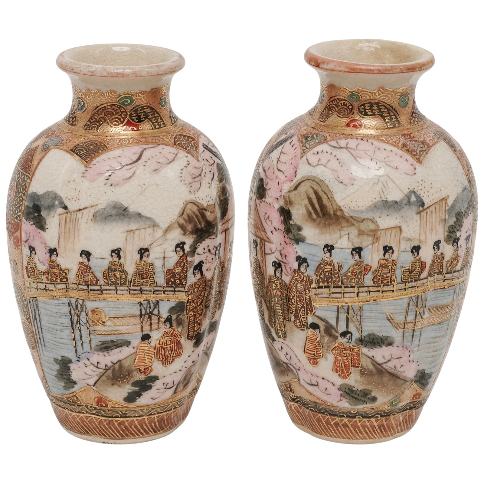 Pair Antique Japanese Satsuma Earthenware Vases: Pair Antique Japanese Satsuma Earthenware Vases late 19th-early 20th century Pair of antique Japanese Satsuma earthenware vases, late Meiji to early Taisho period. Each baluster-form vase is finely ha