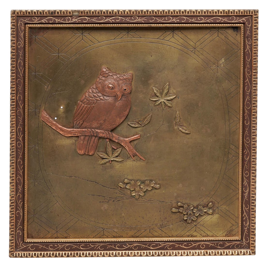 Vintage Japanese Mixed Metal Inlay Relief Owl Plaque (1 of 3)